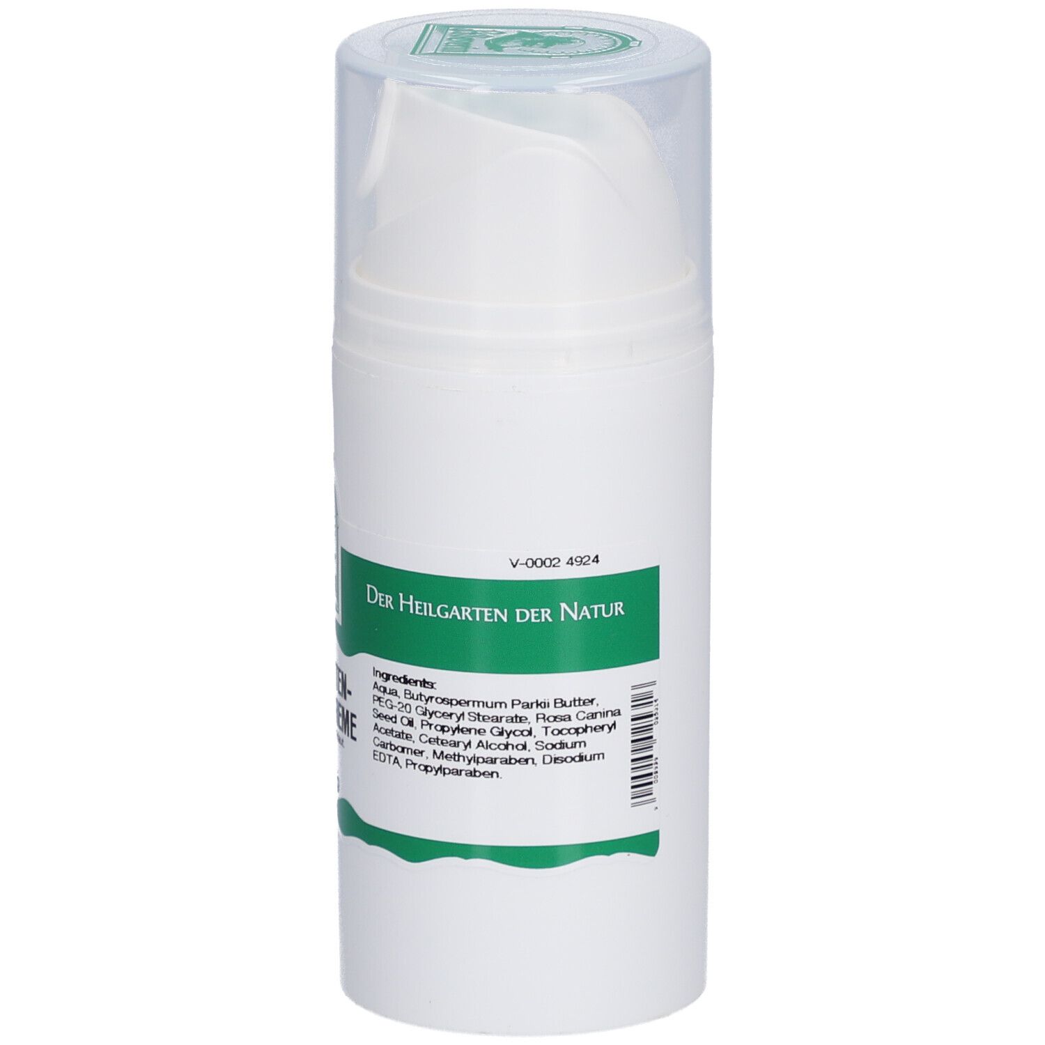Weiße Creme-Flasche mit grünem Etikett. Aufschrift: Hagebuttenkernöl Creme. Mit Dosierkopf und transparenter Kappe. Text: Der Heilgarten der Natur.