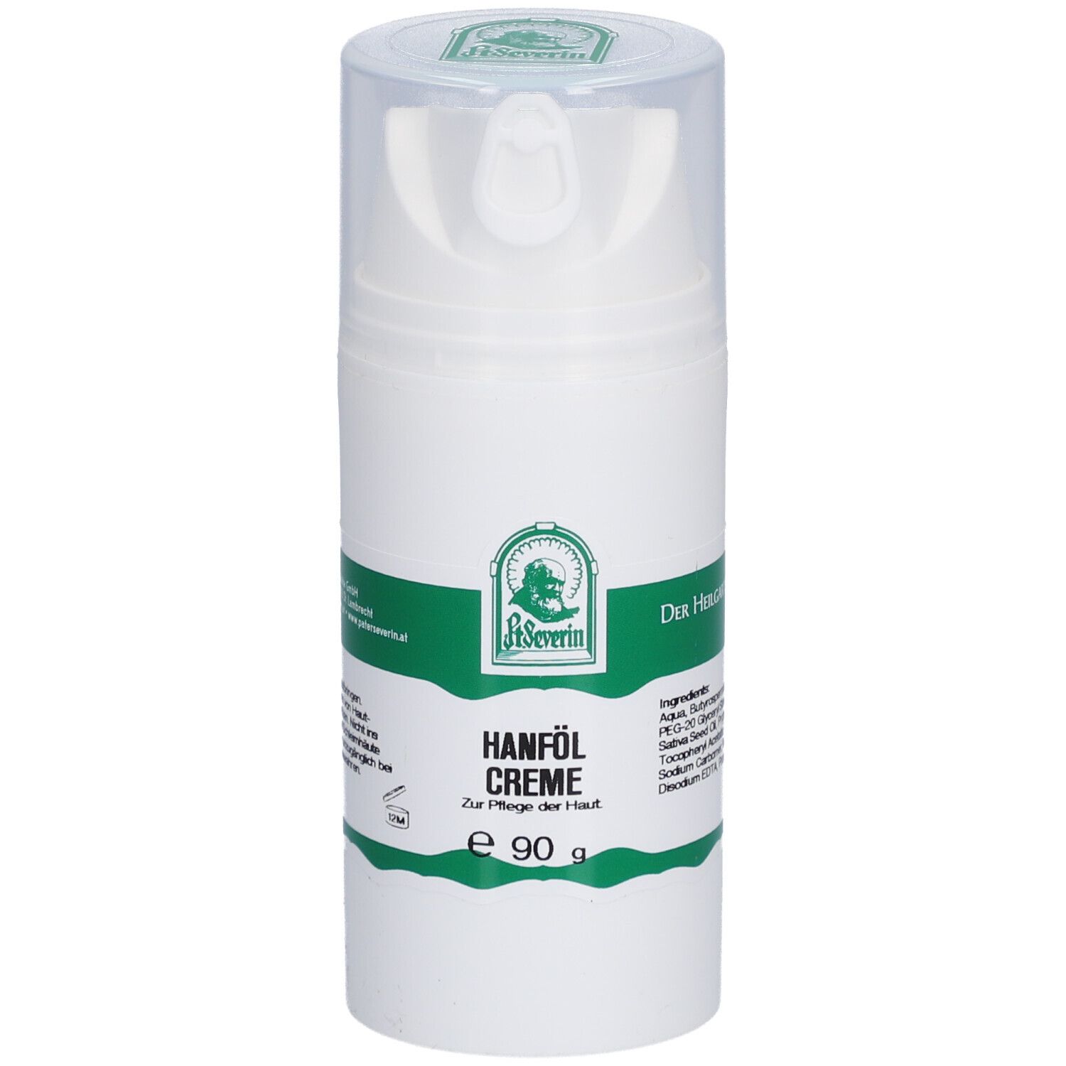 Weiße Flasche mit grünem Etikett. Aufschrift: Hanföl Creme, e 90 g. Mit Dosierpumpe und durchsichtigem Deckel. Logo: St. Severin.