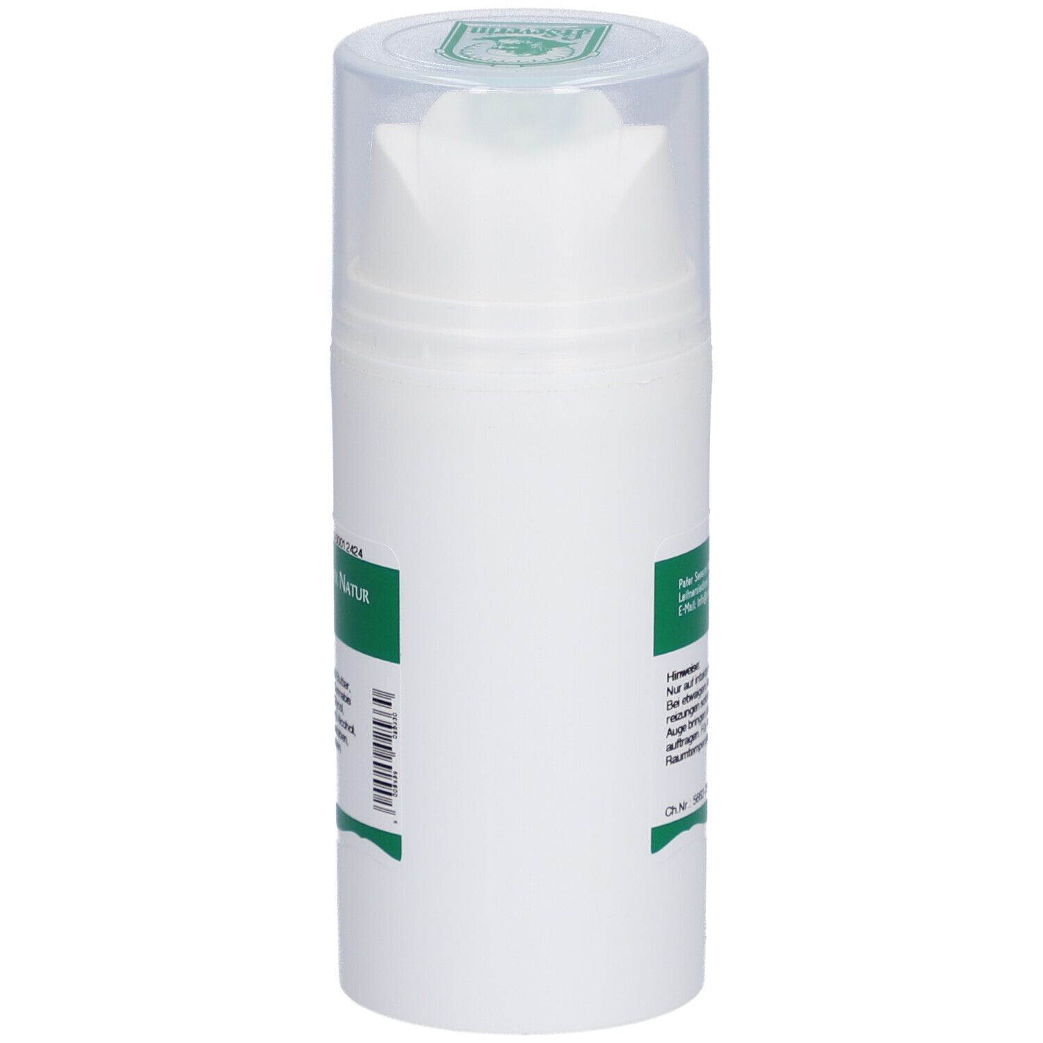 Weiße Flasche mit grünem Etikett. Text: Peter Severin Naturprodukte GmbH. Rückseite mit Informationen. Transparenter Deckel.