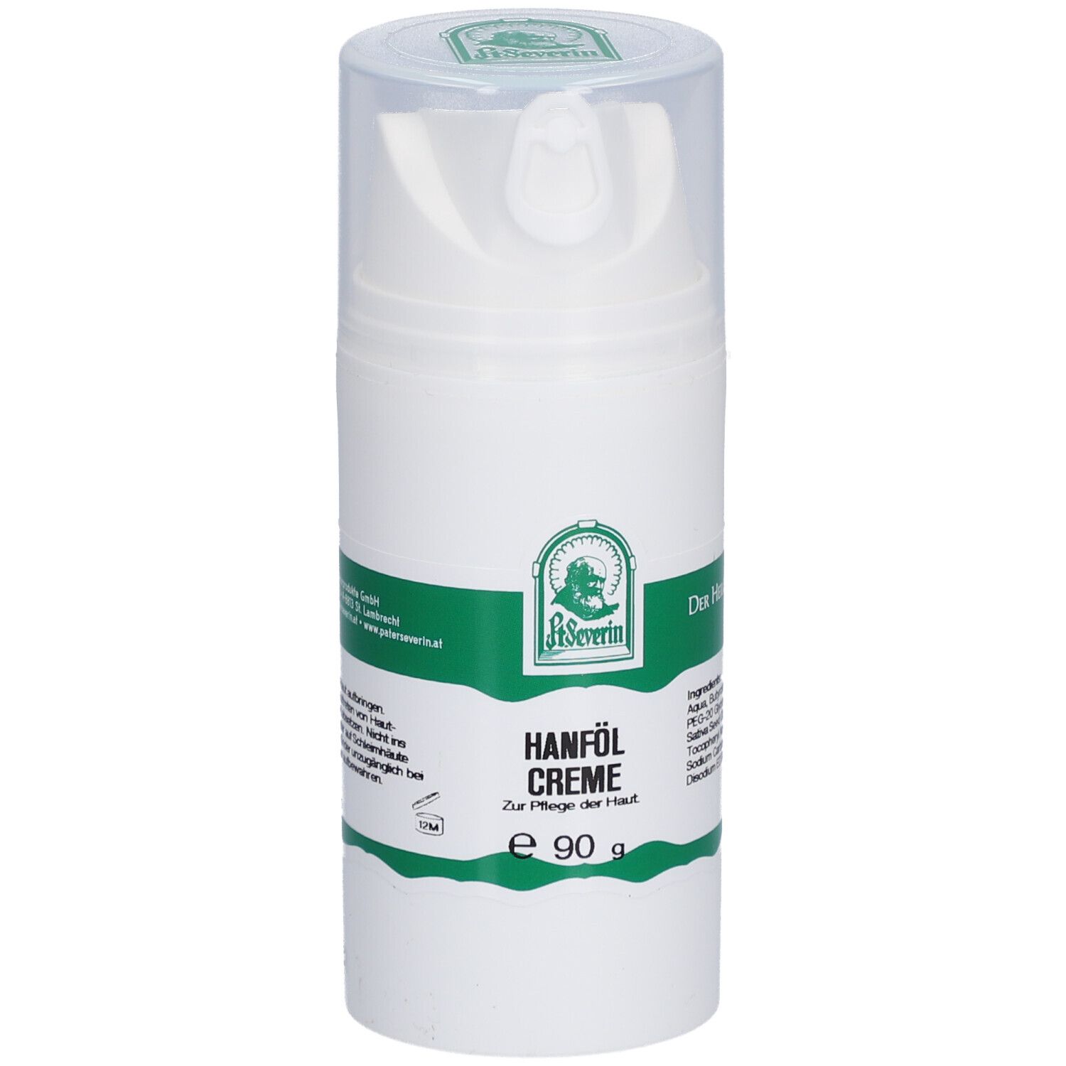 Weiße Flasche mit grünem Etikett. Aufschrift: Hanföl Creme, e 90 g. Mit Dosierpumpe und durchsichtigem Deckel. Logo: St. Severin.