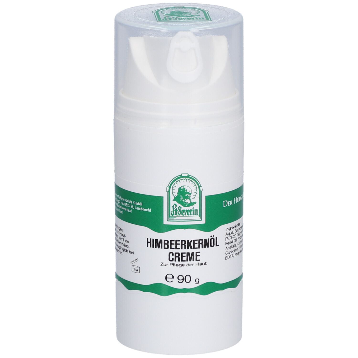 Weiße Creme-Flasche mit transparentem Deckel. Aufschrift: St. Severin Himbeerkernöl Creme. Grüne und weiße Etiketten. E 90 g.