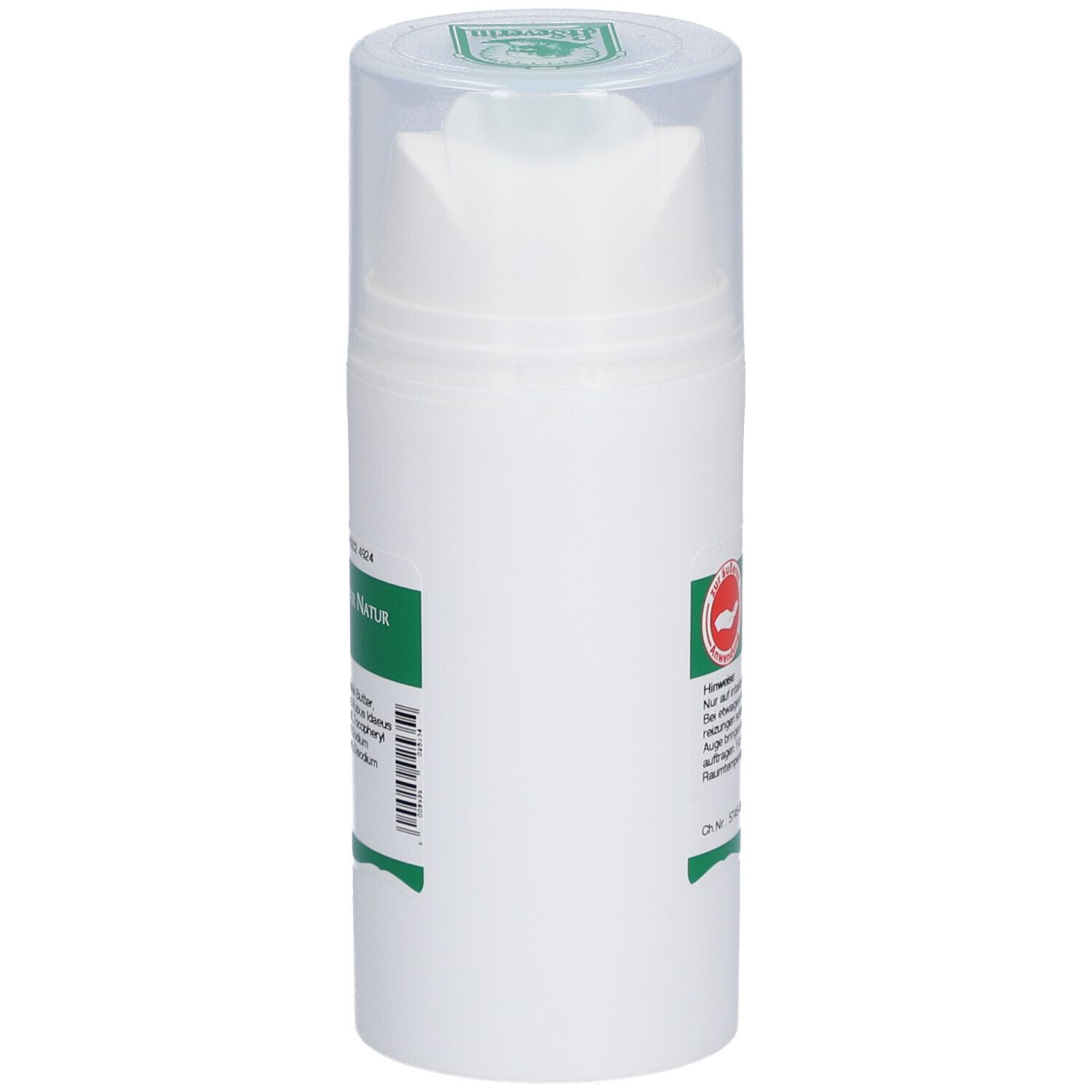 Rückseite einer weißen Creme-Flasche mit transparentem Deckel. Grüne und weiße Etiketten. Text und Logo. Chargennummer.