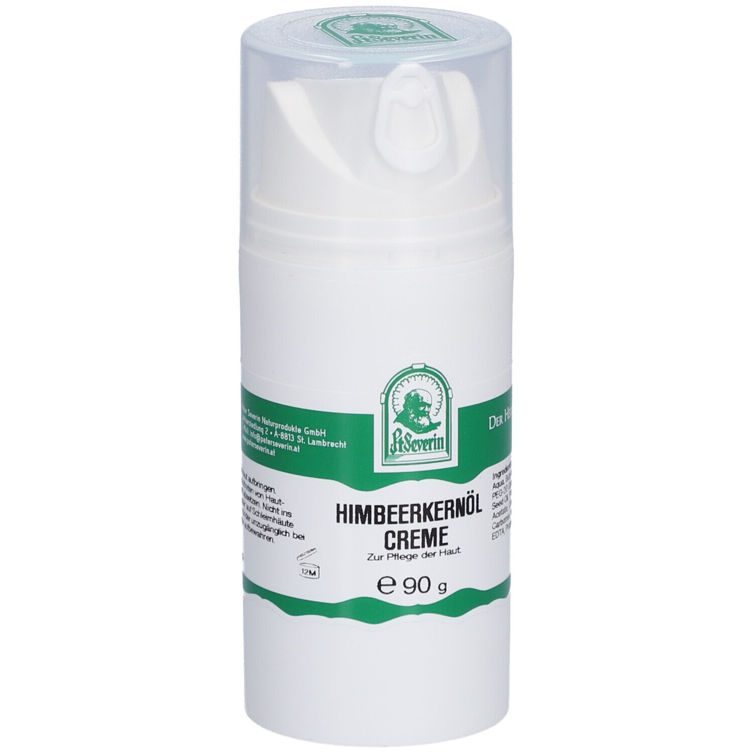 Weiße Creme-Flasche mit transparentem Deckel. Aufschrift: St. Severin Himbeerkernöl Creme. Grüne und weiße Etiketten. E 90 g.
