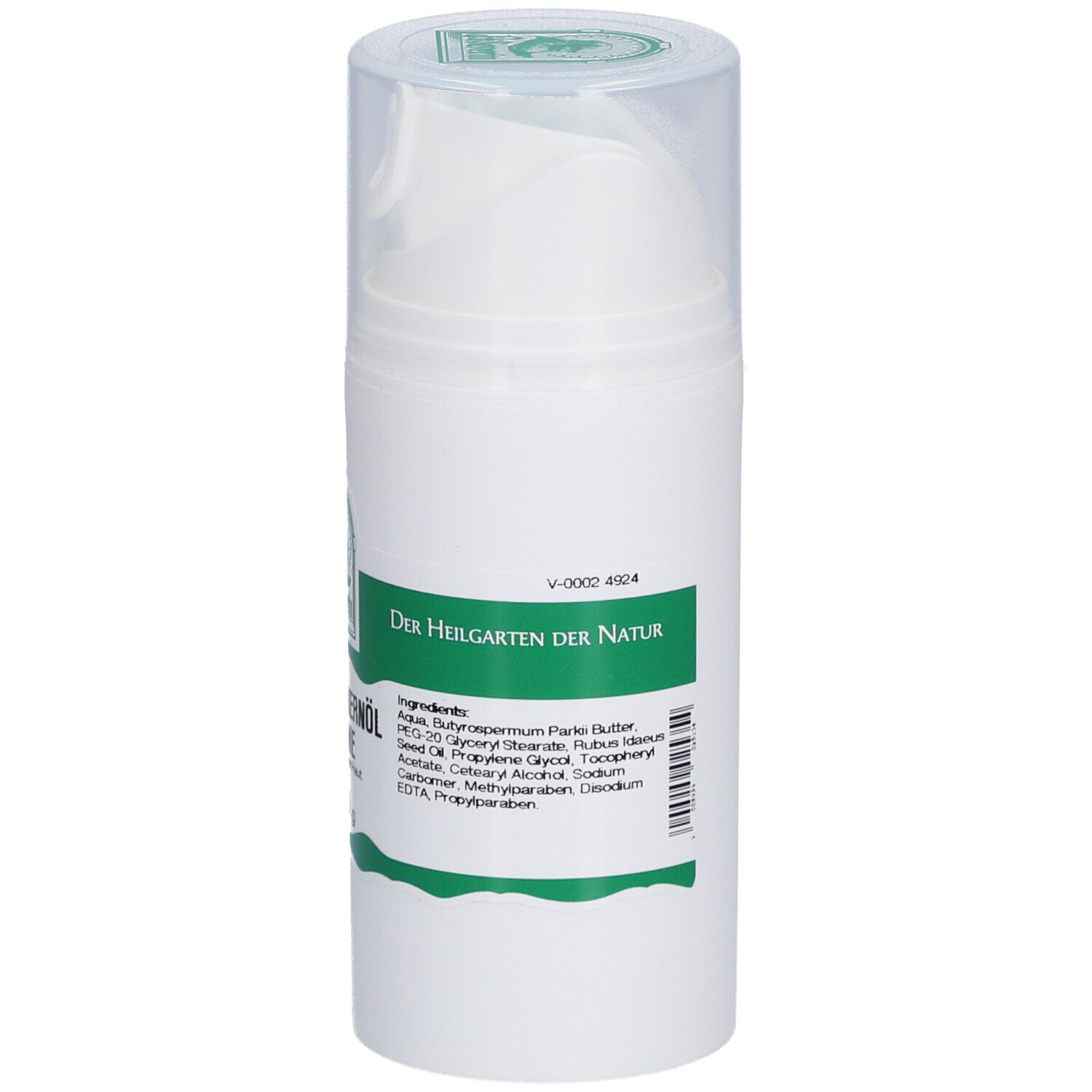 Rückseite einer weißen Creme-Flasche mit transparentem Deckel. Grüne und weiße Etiketten. Zutatenliste. V-0002-4904.