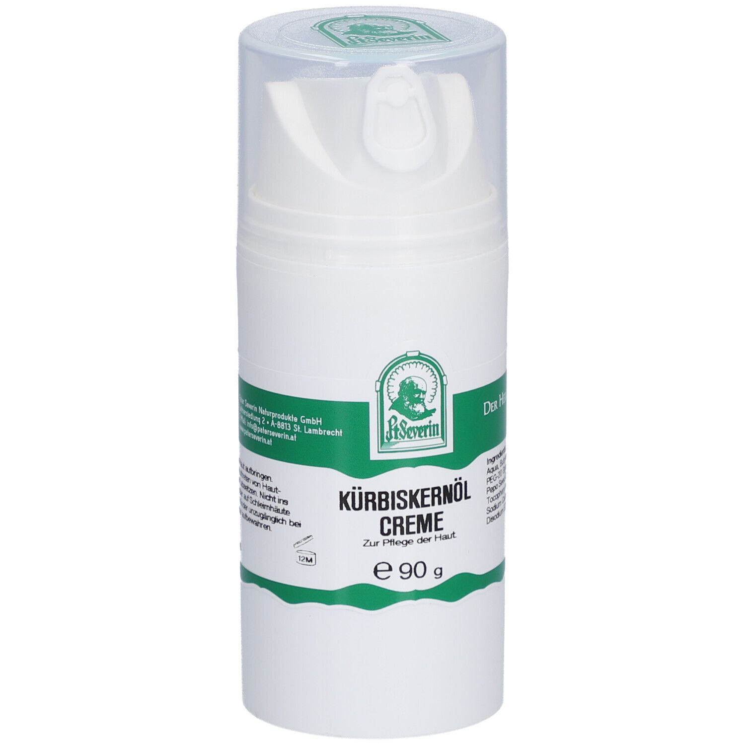 Weiße Pumpflasche mit grünem Etikett. Aufschrift: Kürbiskernöl Creme, e 90 g. Klare Kappe.
