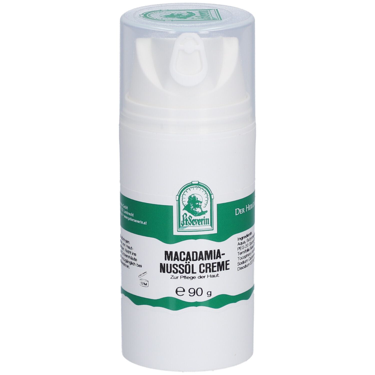 Weiße Creme-Flasche mit grünem Etikett. Aufschrift: Macadamia-Nussöl Creme. Mit Dosierpumpe und transparentem Deckel.