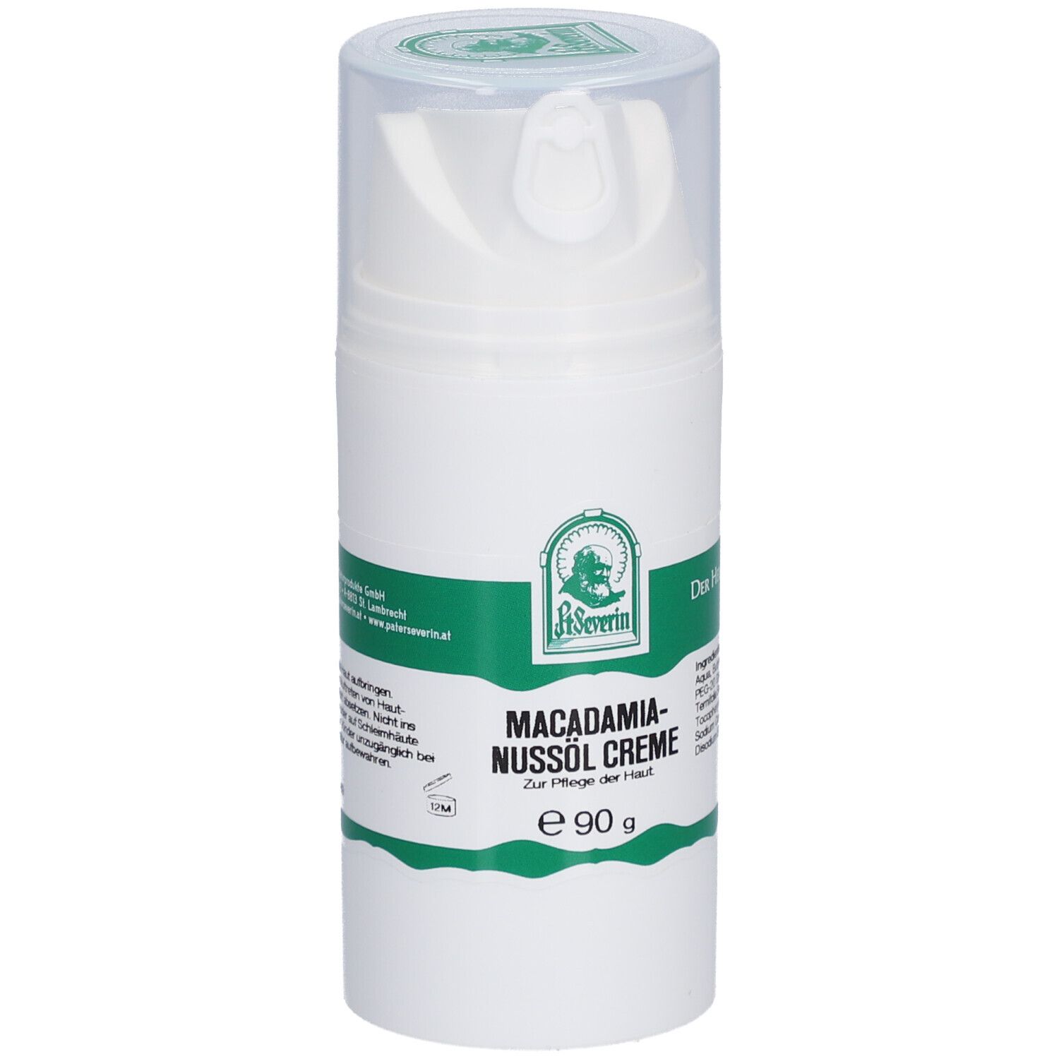 Weiße Creme-Flasche mit grünem Etikett. Aufschrift: Macadamia-Nussöl Creme. Mit Dosierpumpe und transparentem Deckel.