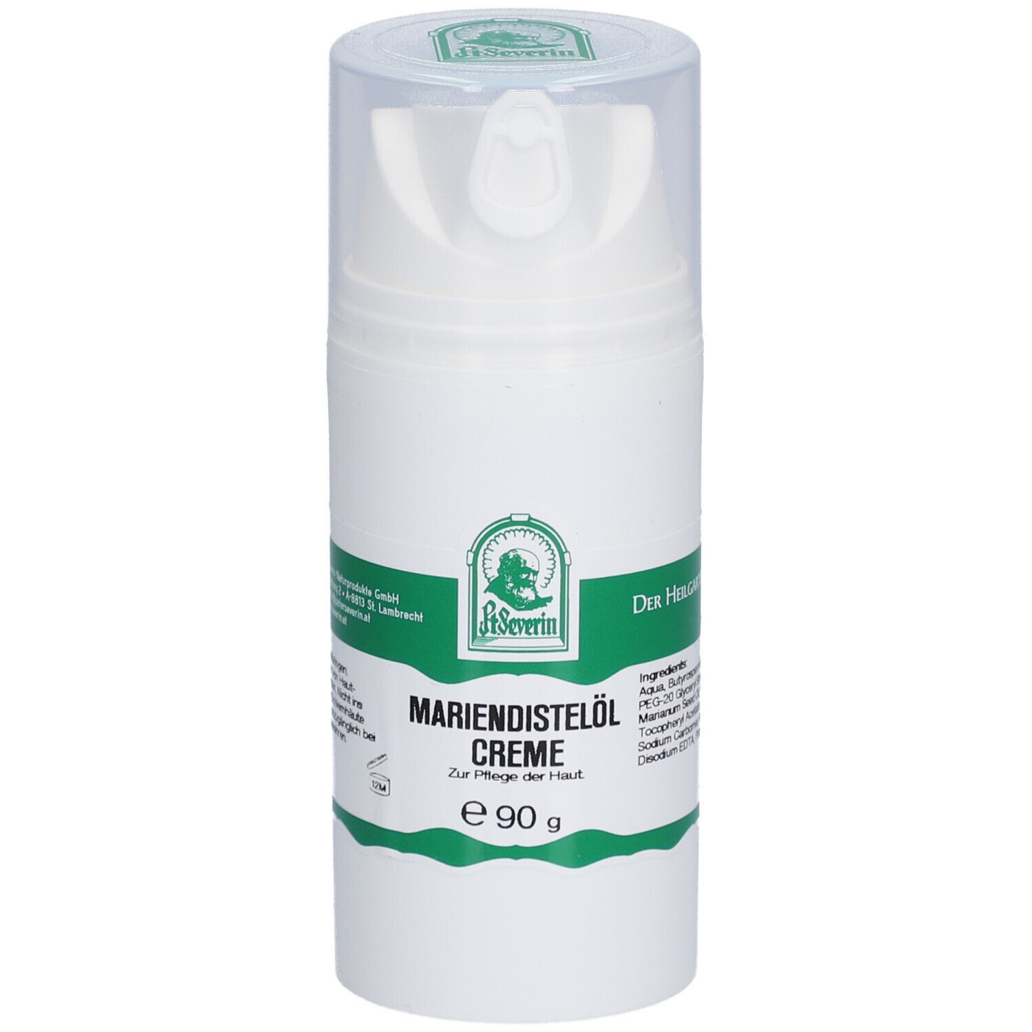 Weiße Creme-Flasche mit grünem Etikett. Aufschrift: Mariendistelöl Creme, 90 g. Klare Kappe mit Pumpmechanismus. Logo: St. Severin.