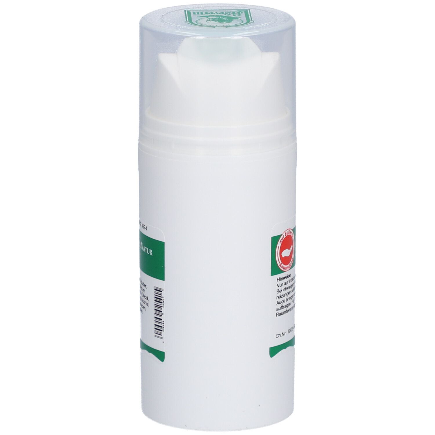 Weiße Creme-Flasche mit grünem Etikett. Klare Kappe mit Pumpmechanismus. Logo: St. Severin. Text über Hersteller und Warnhinweise.