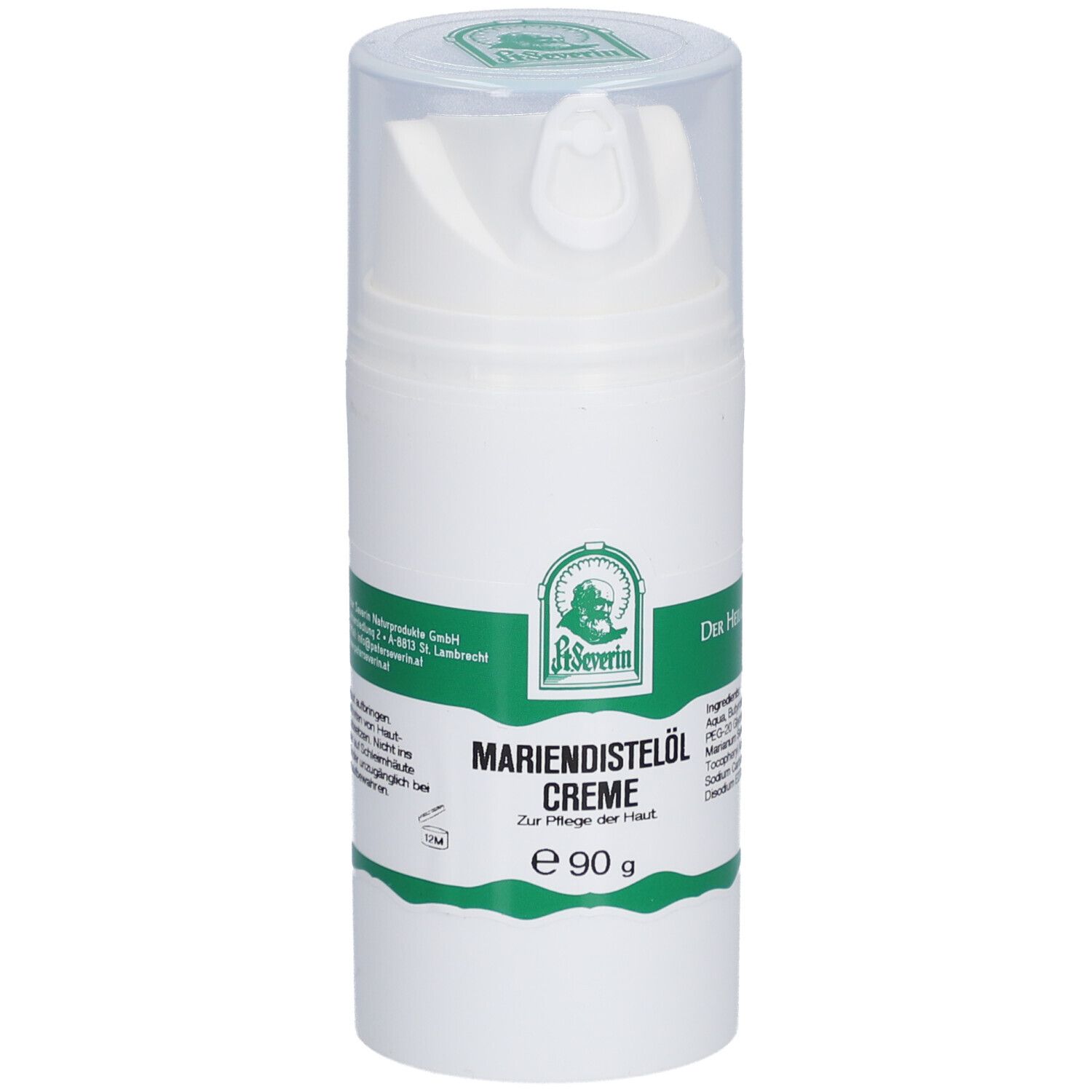 Weiße Creme-Flasche mit grünem Etikett. Aufschrift: Mariendistelöl Creme, 90 g. Klare Kappe mit Pumpmechanismus. Logo: St. Severin.