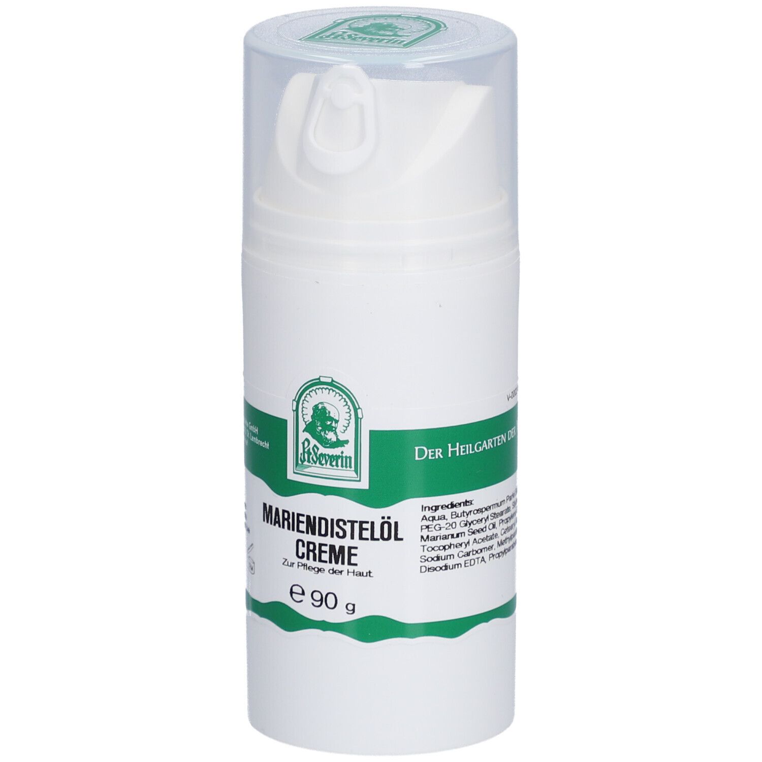 Weiße Creme-Flasche mit grünem Etikett. Aufschrift: Mariendistelöl Creme, 90 g. Klare Kappe mit Pumpmechanismus. Logo: St. Severin. Zutatenliste.