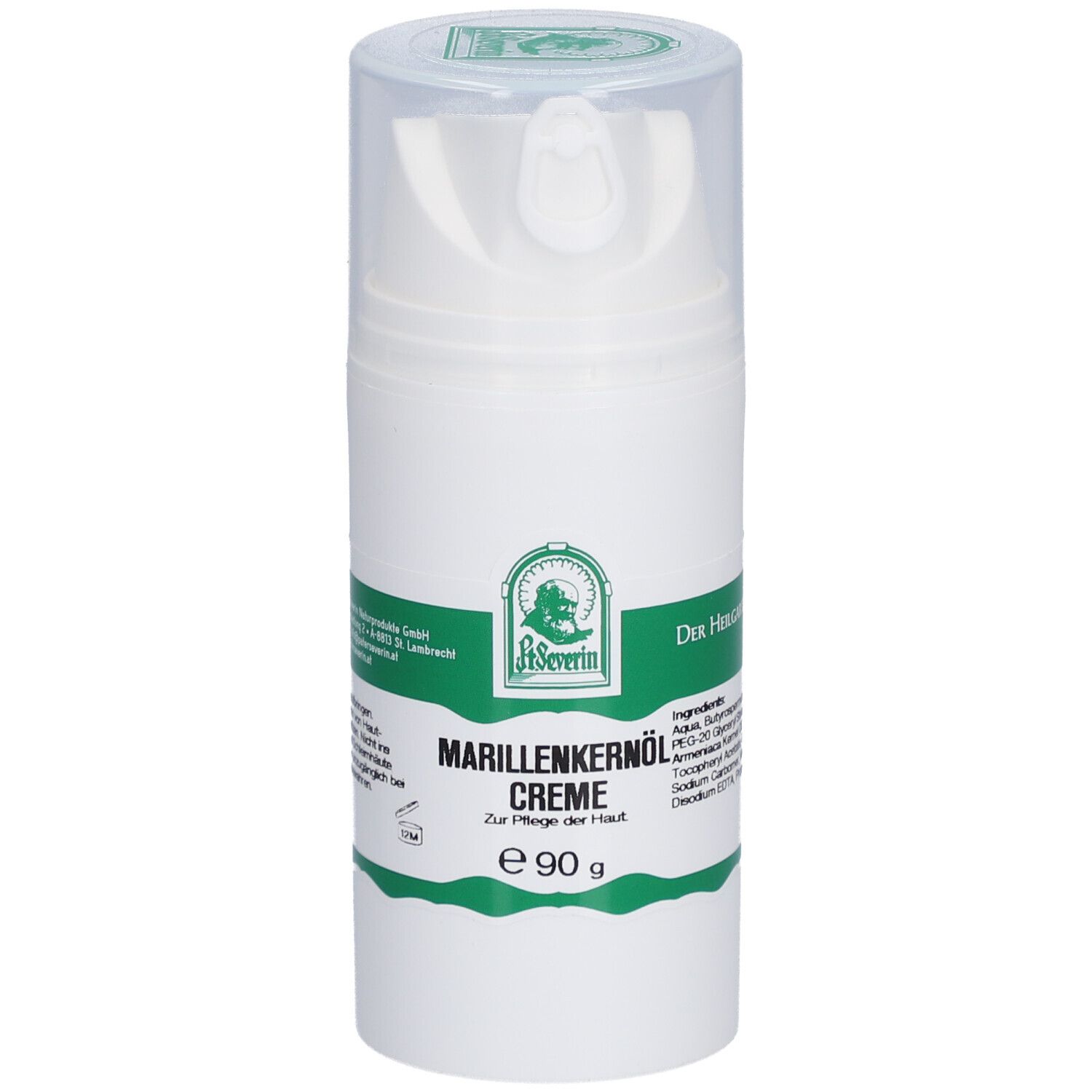 Weiße Creme-Spenderflasche mit grünem Etikett. Aufschrift: Marillenkernöl Creme, e 90 g. Logo: St. Severin.