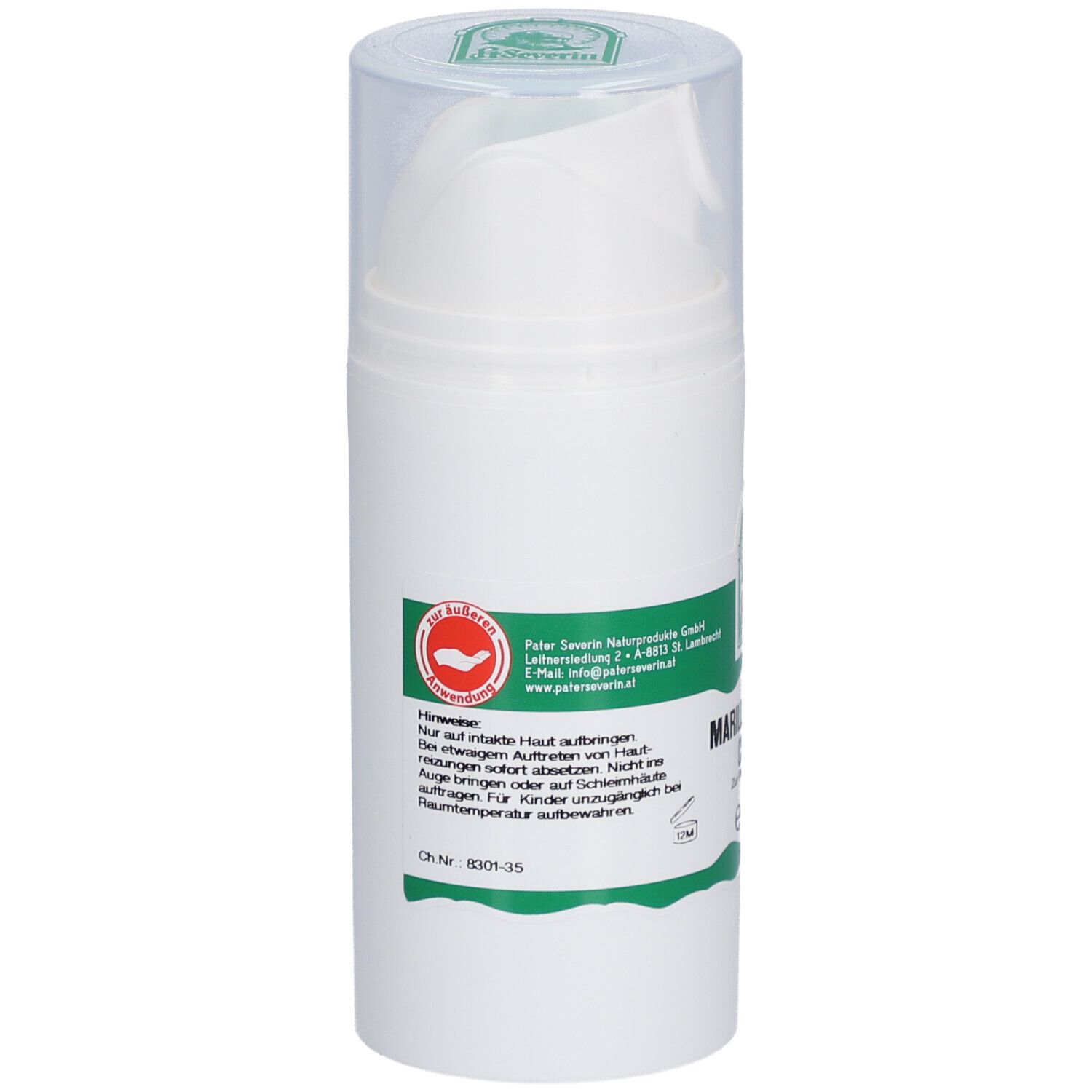 Weiße Creme-Spenderflasche mit grünem Etikett. Text: Hinweise. Logo: St. Severin. Aufschrift: Marillenkernöl Creme.