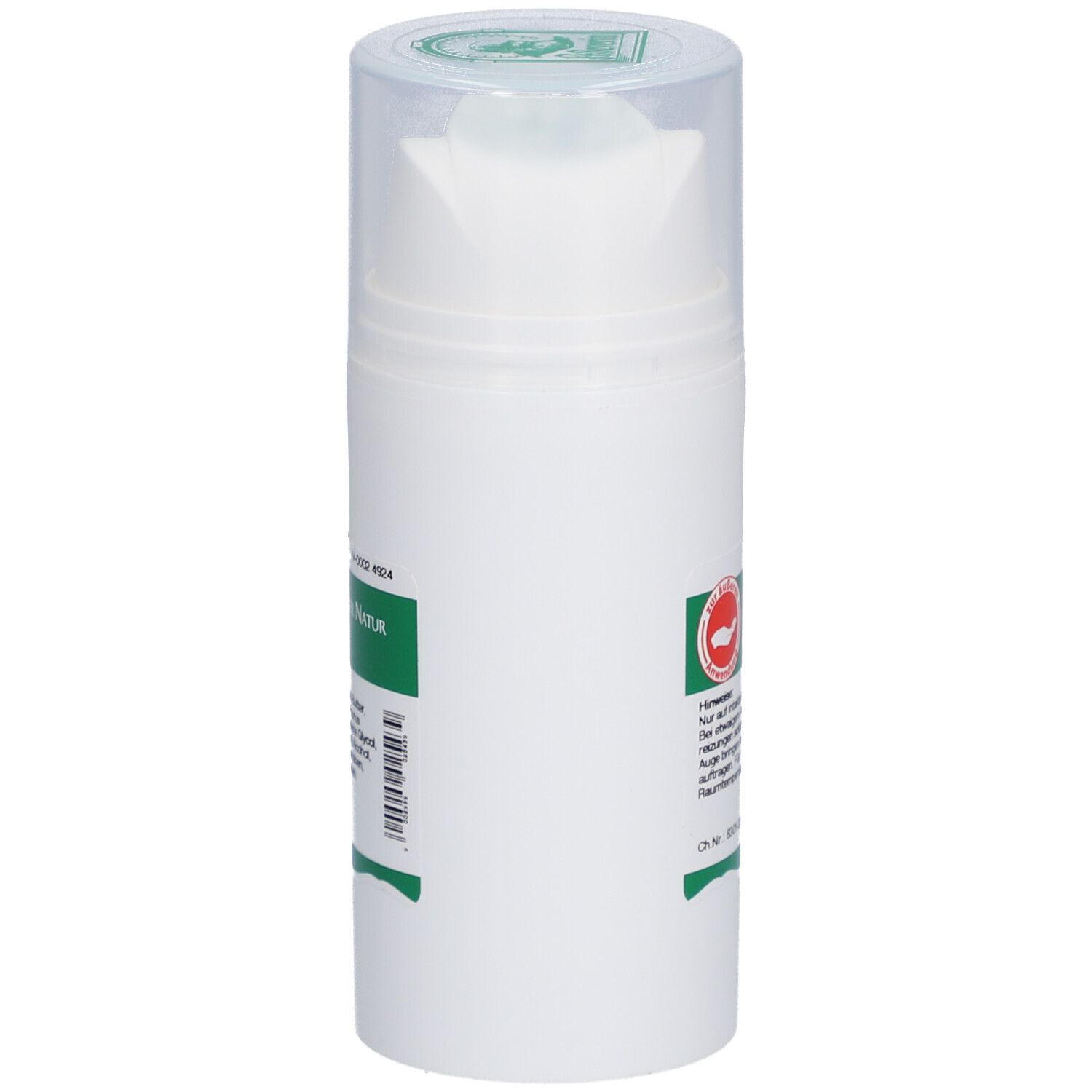 Weiße Creme-Spenderflasche mit grünem Etikett. Logo: St. Severin. Aufschrift: Marillenkernöl Creme. Barcode und Text.
