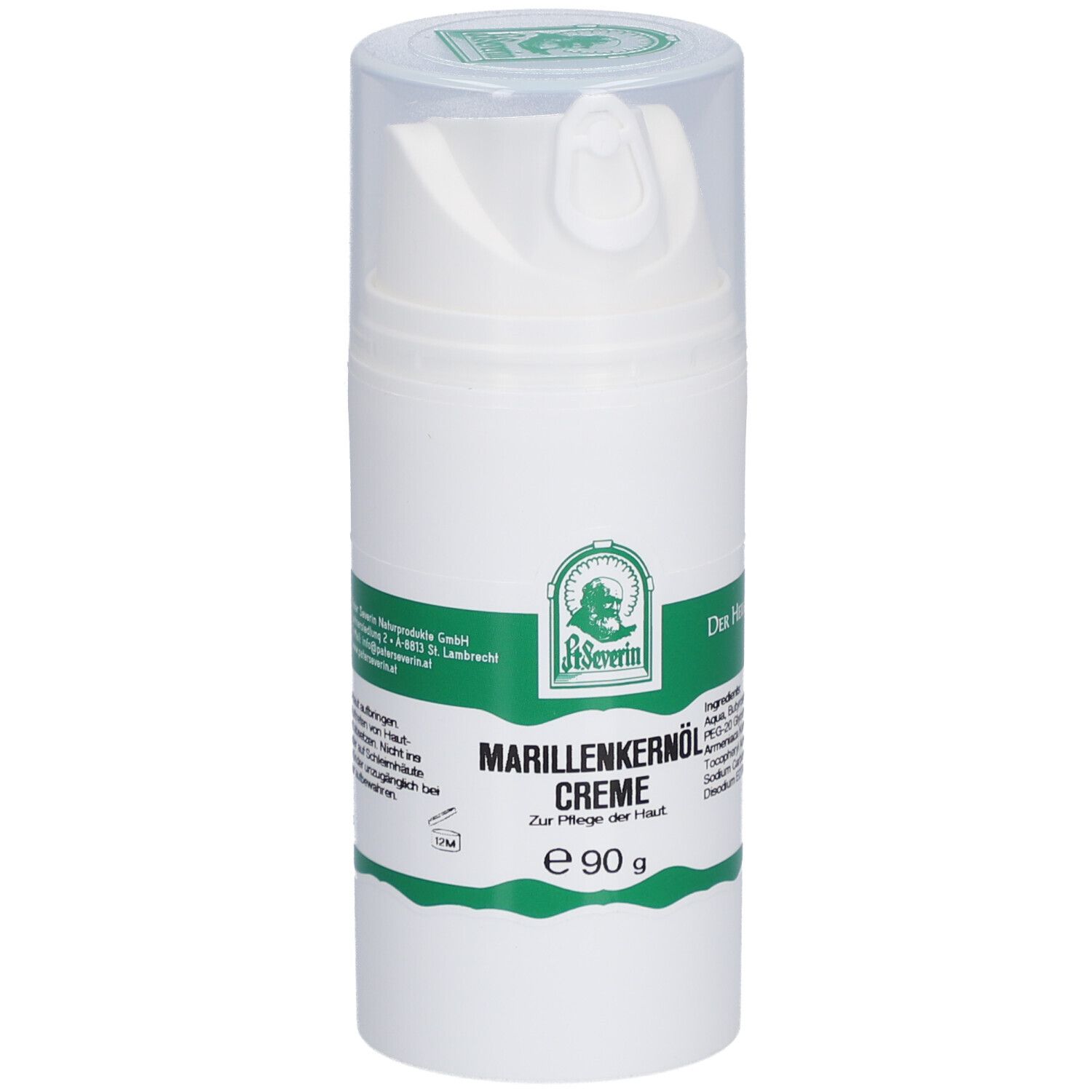 Weiße Creme-Spenderflasche mit grünem Etikett. Aufschrift: Marillenkernöl Creme, e 90 g. Logo: St. Severin.