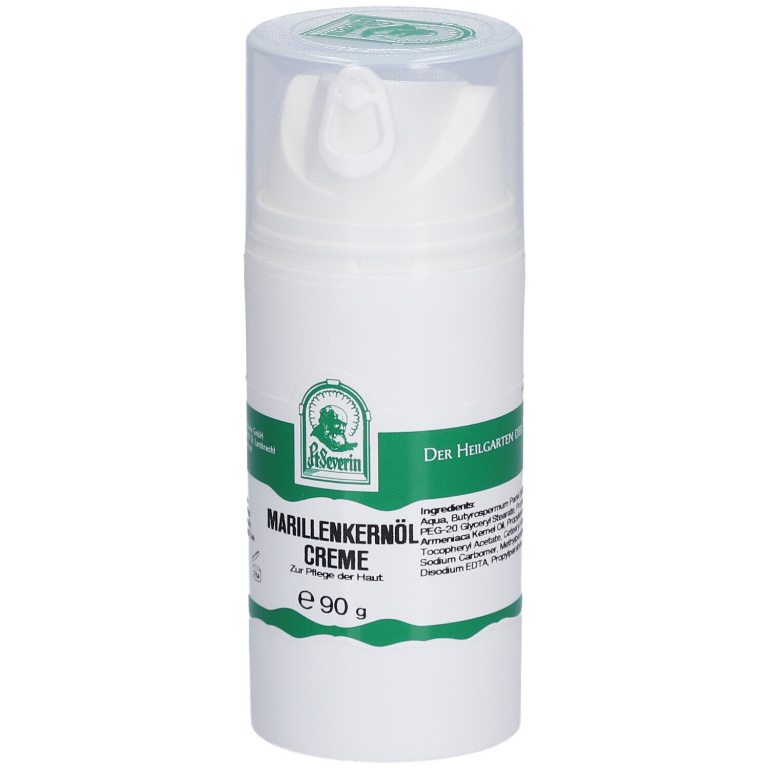Weiße Creme-Spenderflasche mit grünem Etikett. Aufschrift: Marillenkernöl Creme, e 90 g. Logo: St. Severin. Text: Der Heilgarten der Natur.