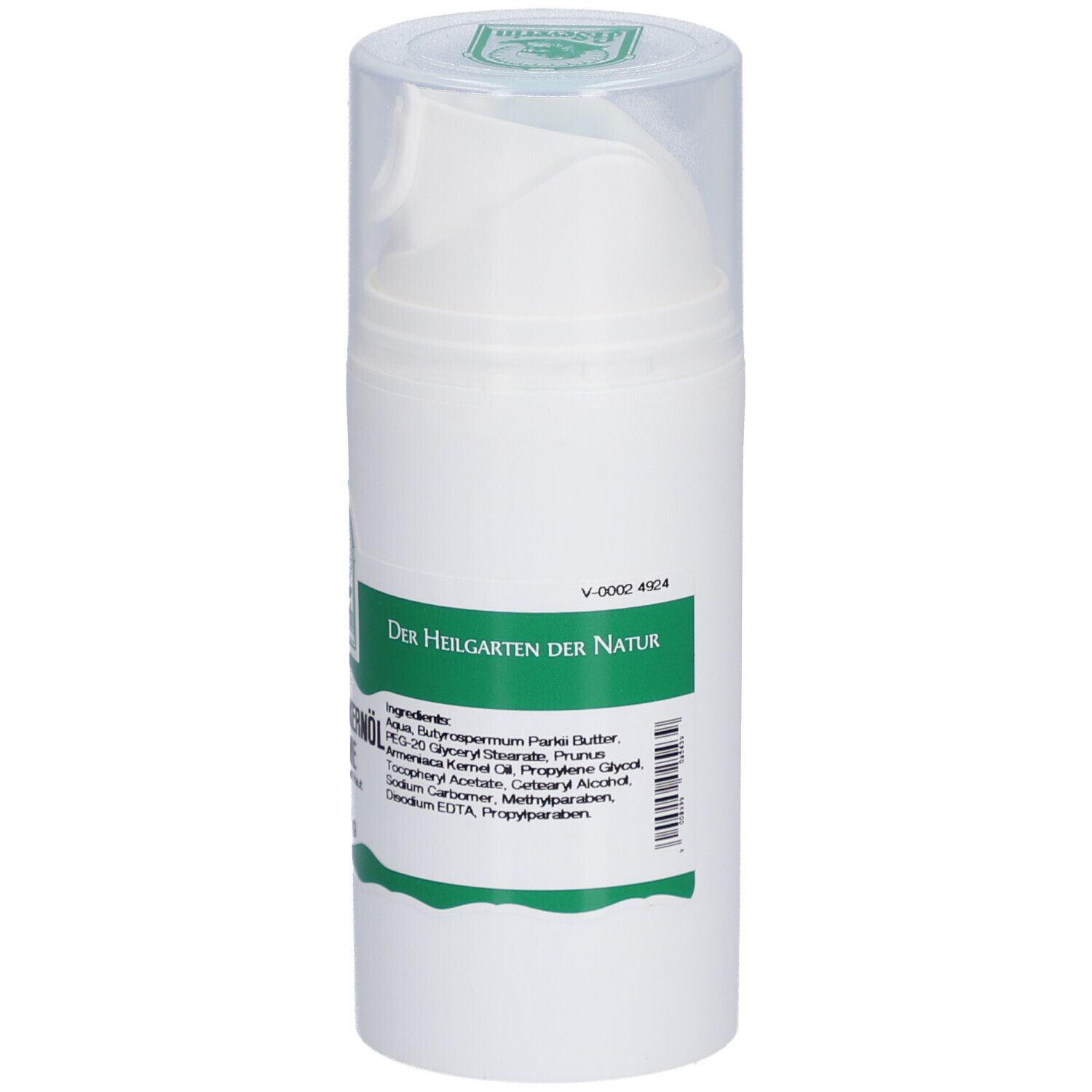 Weiße Creme-Spenderflasche mit grünem Etikett. Text: Der Heilgarten der Natur. Inhaltsstoffe. Logo: St. Severin.
