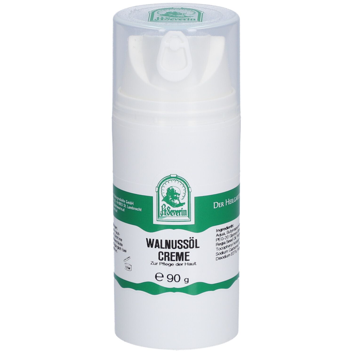 Weiße Creme-Flasche mit Klappdeckel. Grün-weiße Etiketten mit Produktnamen und Logo.