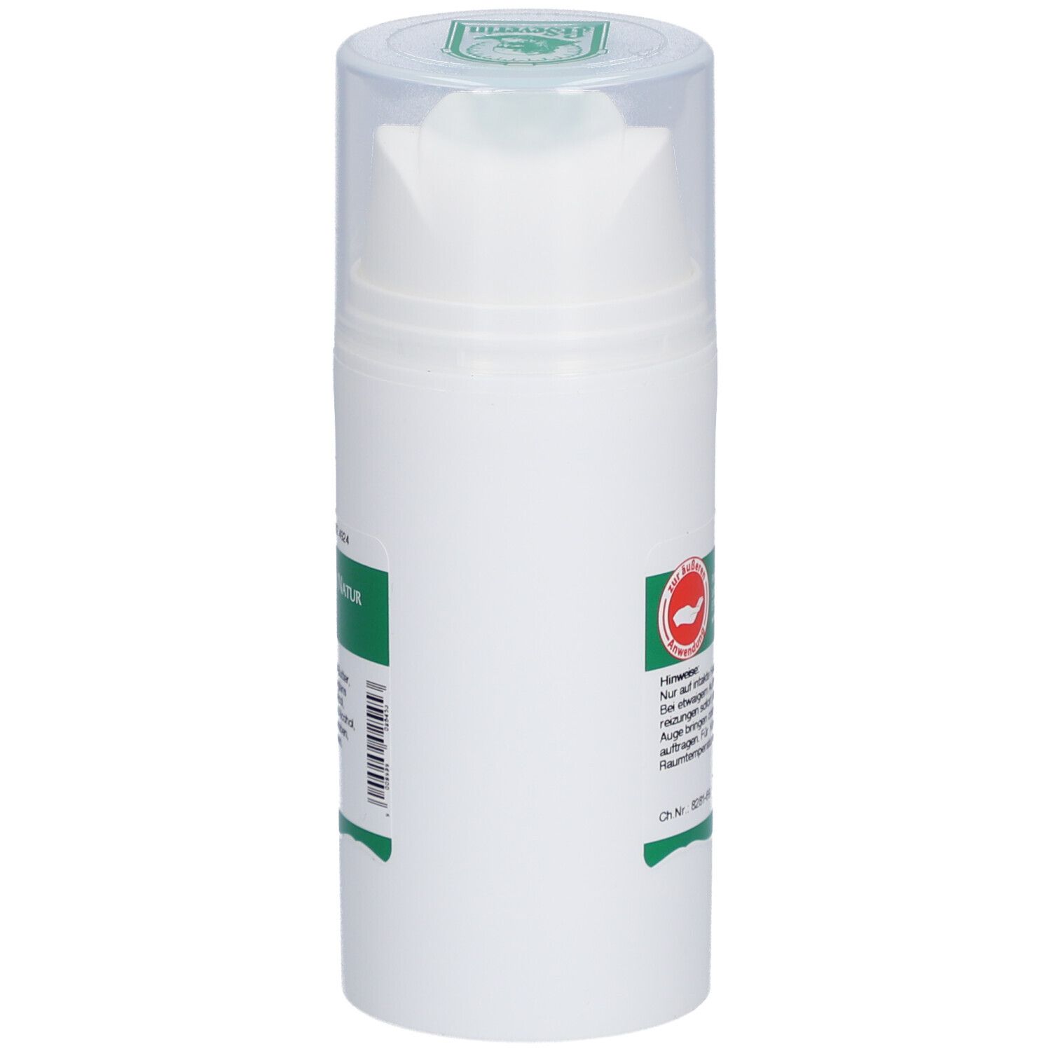 Weiße Creme-Flasche mit Klappdeckel. Grün-weißes Etikett mit Text und Logo.