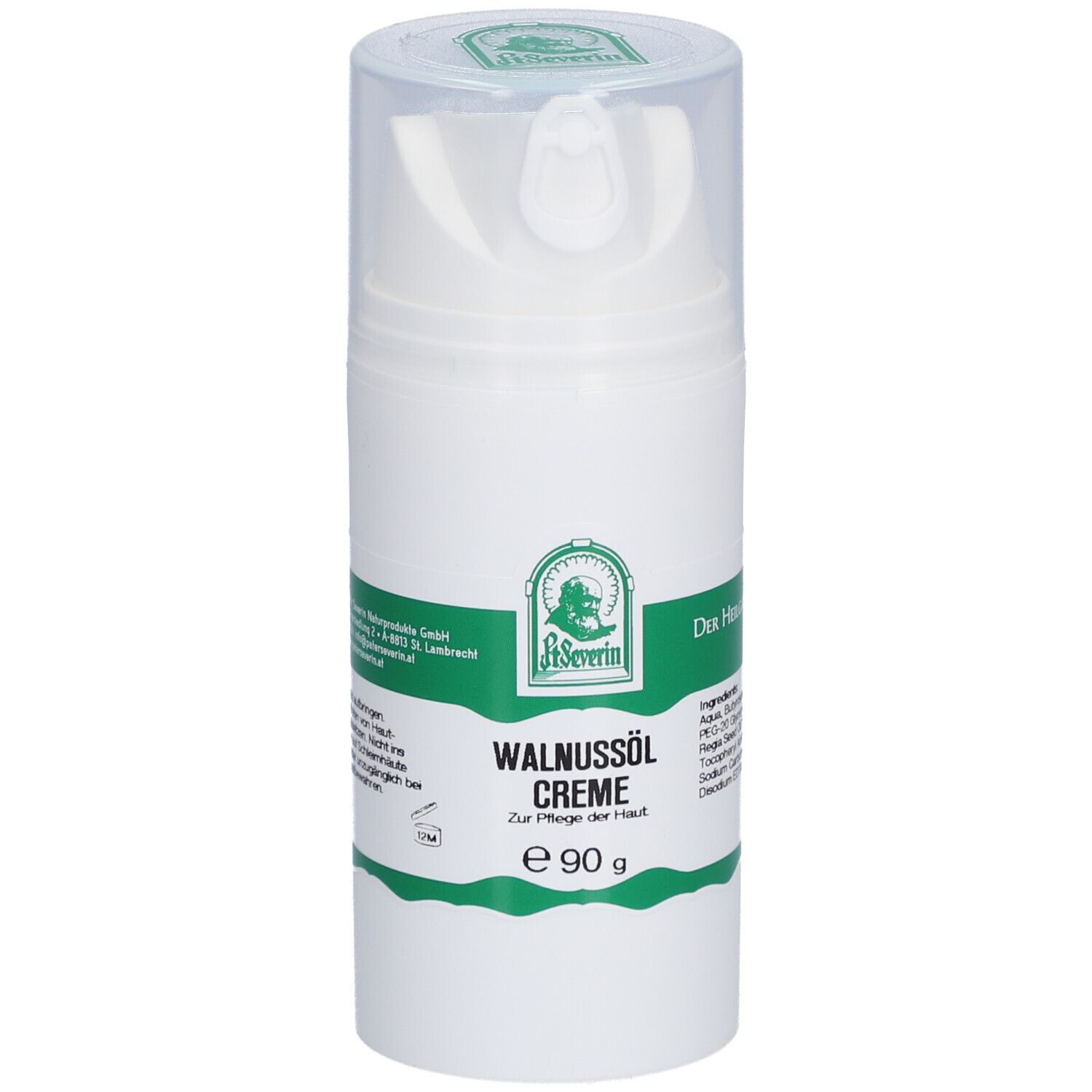 Weiße Creme-Flasche mit Klappdeckel. Grün-weißes Etikett mit Produktnamen und Logo.