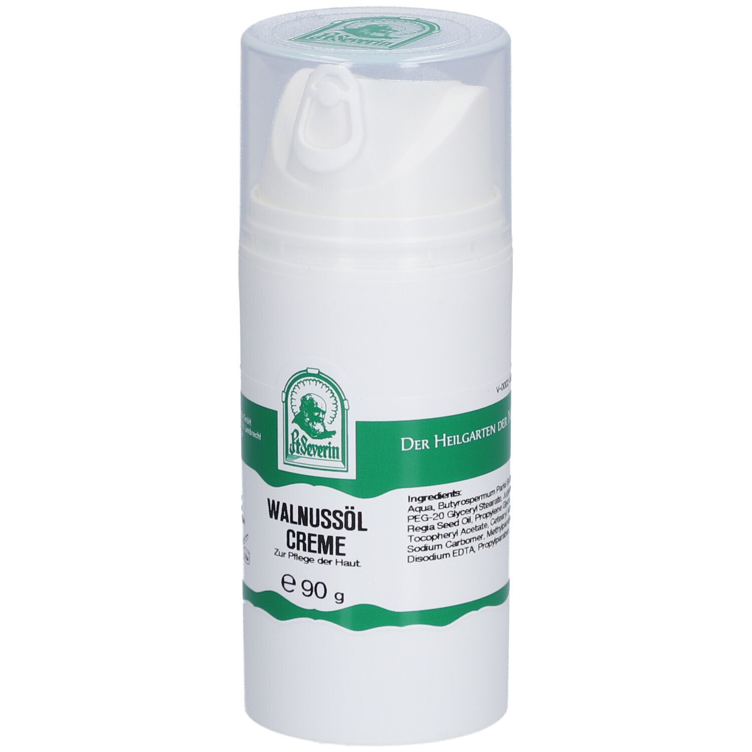 Weiße Creme-Flasche mit Klappdeckel. Grün-weißes Etikett mit Produktnamen und Logo.