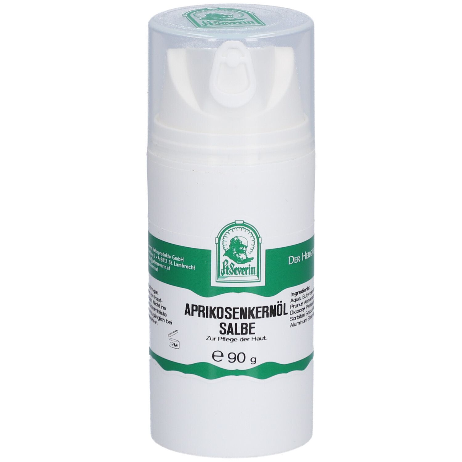 Weiße Pumpflasche mit transparentem Deckel. Etikett mit Logo, Produktname und Inhaltsangabe. "Aprikosenkernöl Salbe".