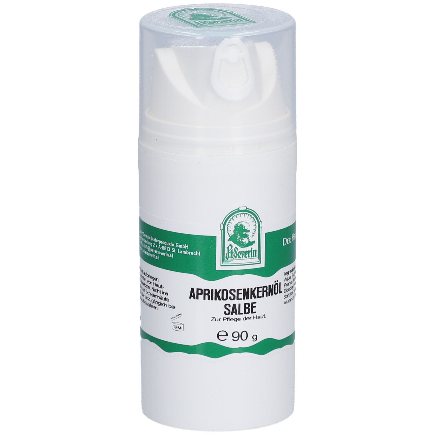 Weiße Pumpflasche mit transparentem Deckel. Etikett mit Logo, Produktname und Inhaltsangabe. "Aprikosenkernöl Salbe".