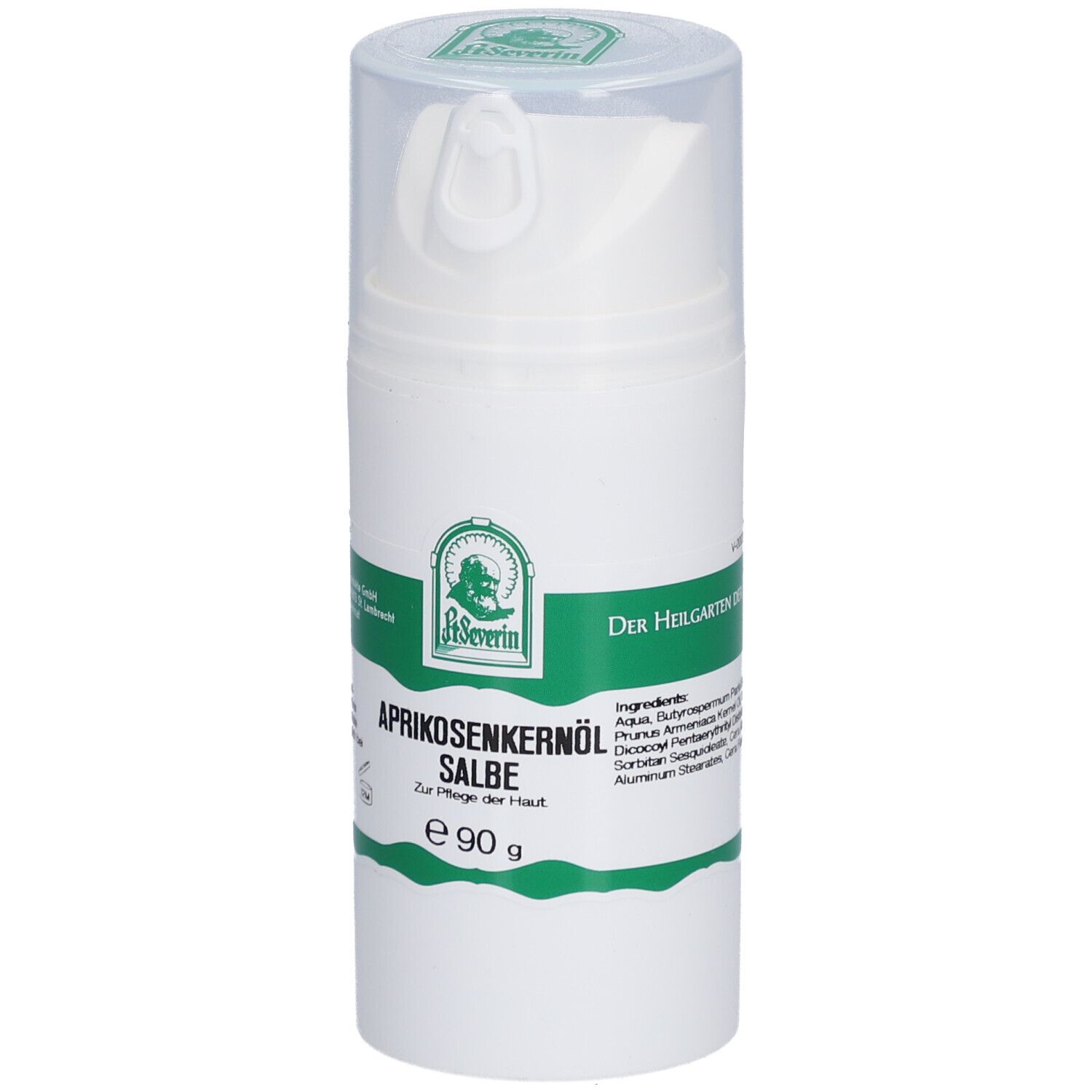 Weiße Pumpflasche mit transparentem Deckel. Etikett mit Logo, Produktname und Inhaltsangabe. "Aprikosenkernöl Salbe".