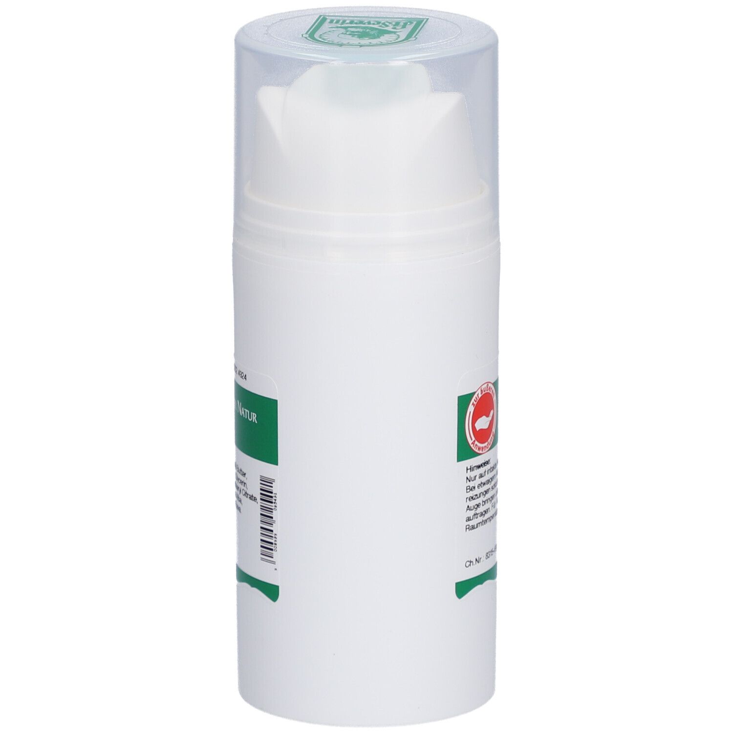 Pumpflasche, Seitenansicht. Weiß mit transparentem Deckel. Grün-weißes Etikett mit Text und Logo.