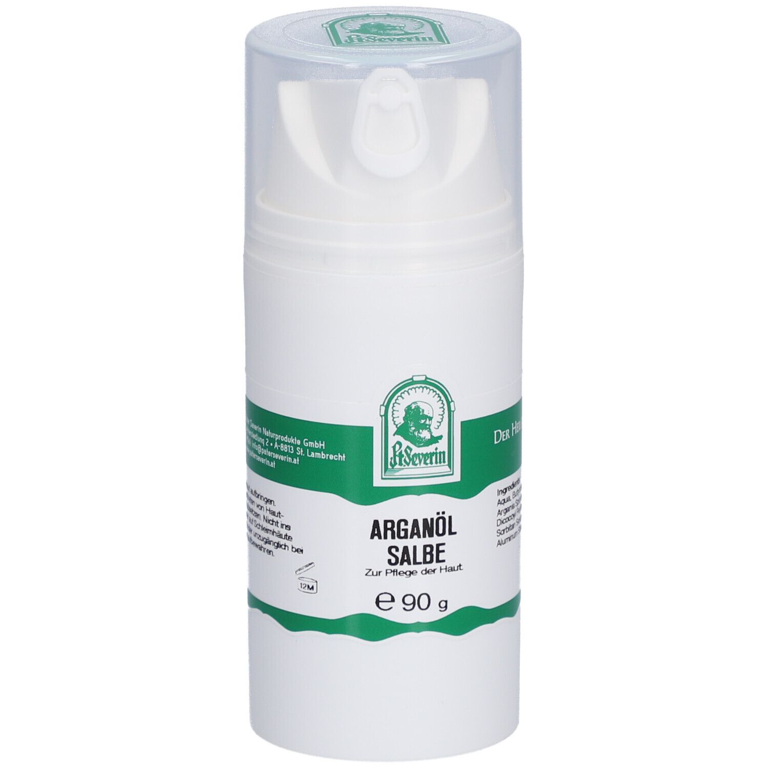 Weiße Pumpflasche mit transparentem Deckel. Aufschrift: Arganöl Salbe, e 90 g, Logo. Grün-weiße Etiketten.