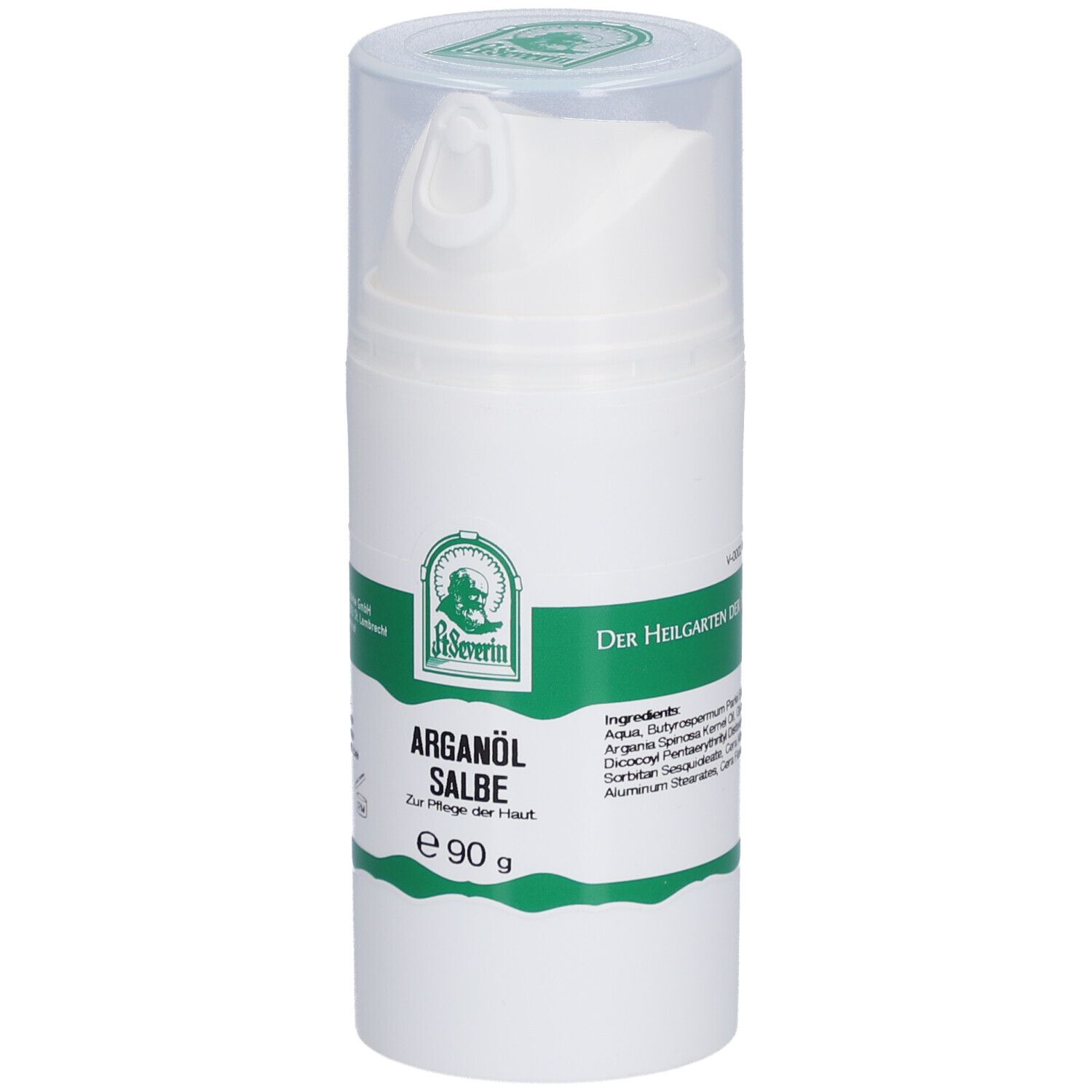 Weiße Pumpflasche mit transparentem Deckel. Aufschrift: Arganöl Salbe, e 90 g, Logo. Grün-weiße Etiketten.