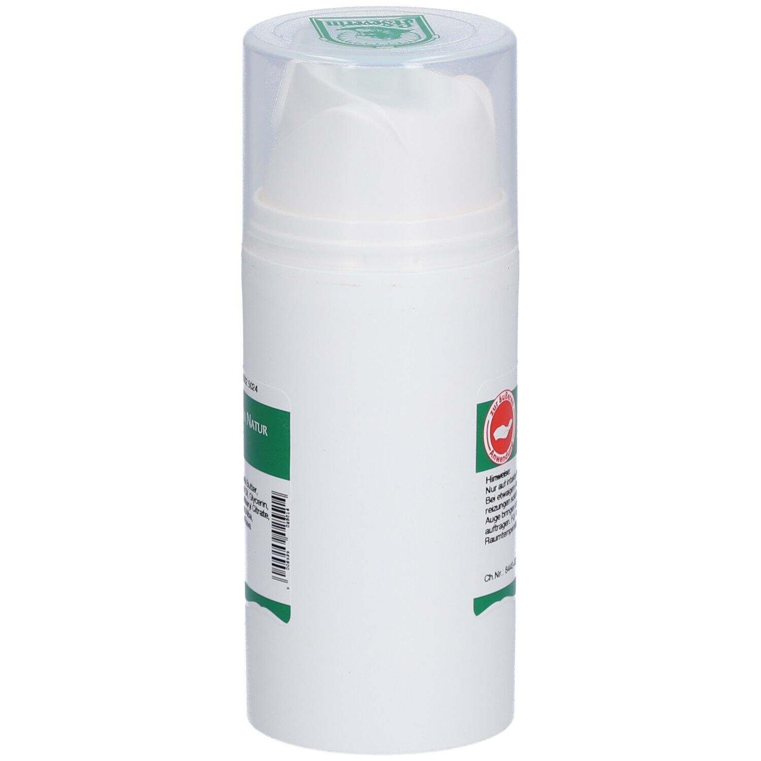 Weiße Pumpflasche mit grünen Etiketten. Logo mit rotem Mund. Klare Kappe.