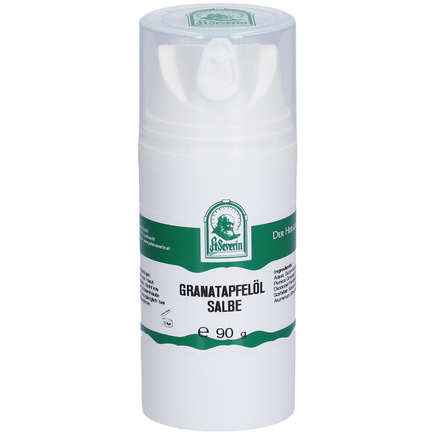 Weiße Spenderflasche mit grünem Etikett. Aufschrift: Granatapfelöl Salbe, e 90 g. Logo: St. Severin.