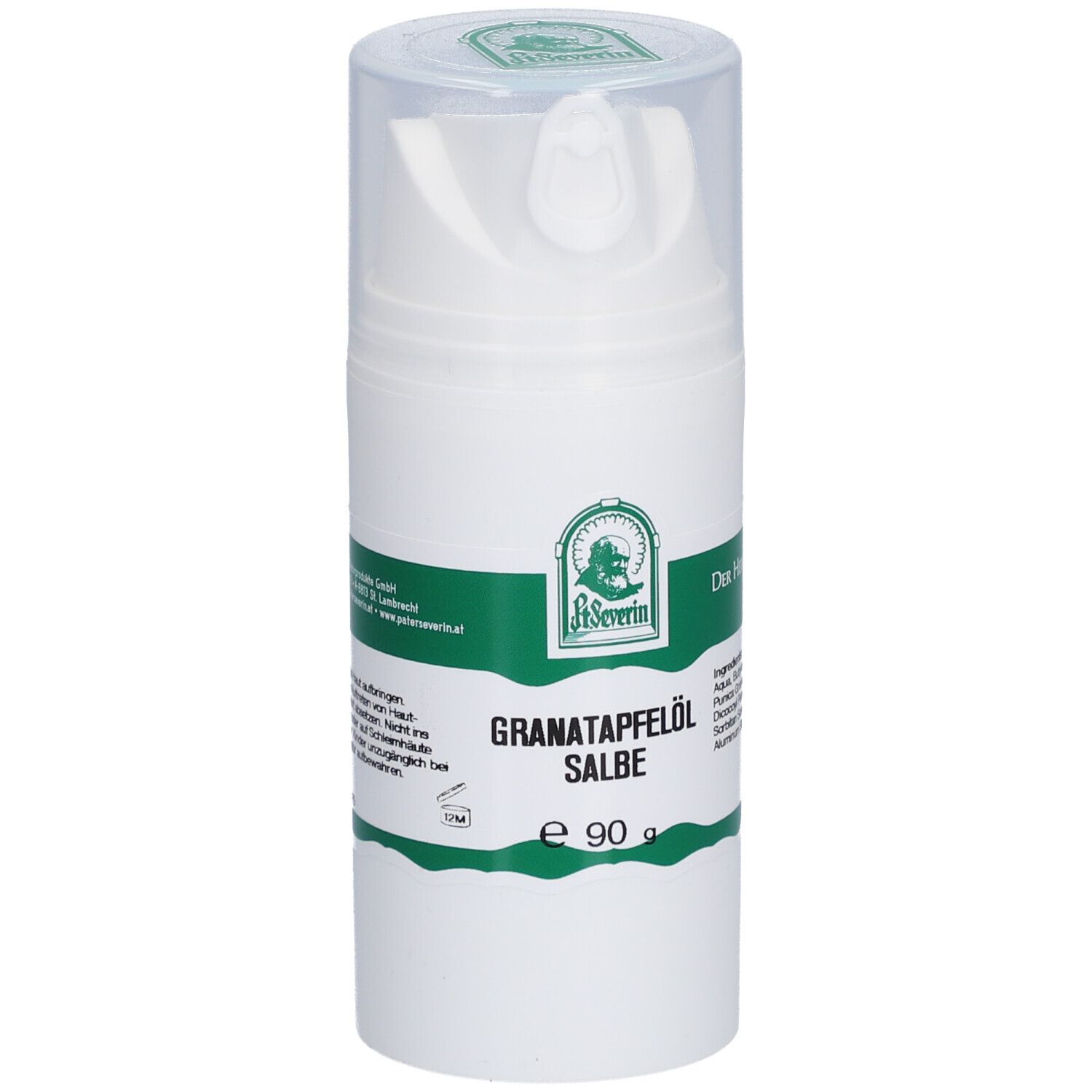 Weiße Spenderflasche mit grünem Etikett. Aufschrift: Granatapfelöl Salbe, e 90 g. Logo: St. Severin.