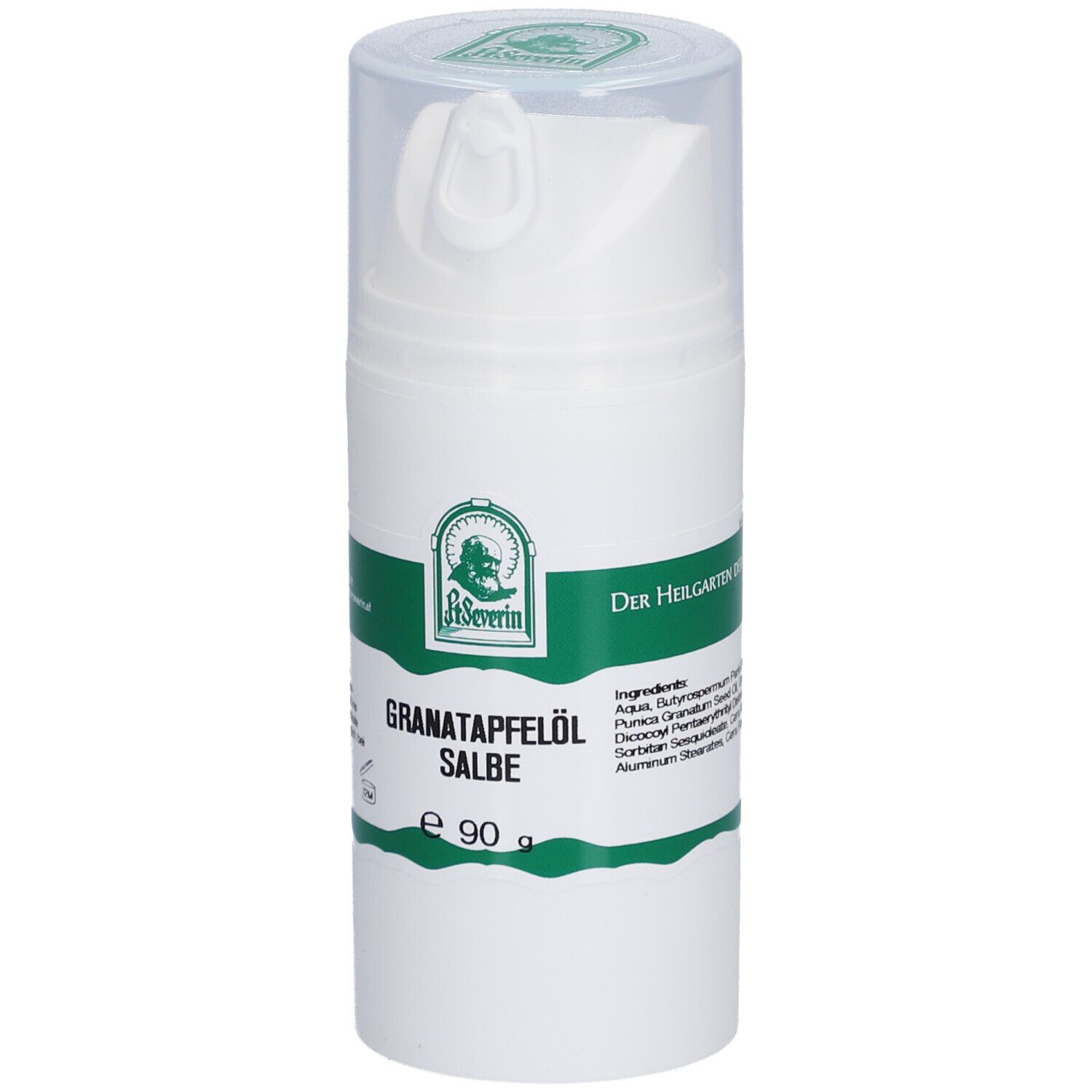 Weiße Spenderflasche mit grünem Etikett. Aufschrift: Granatapfelöl Salbe, e 90 g. Logo: St. Severin.