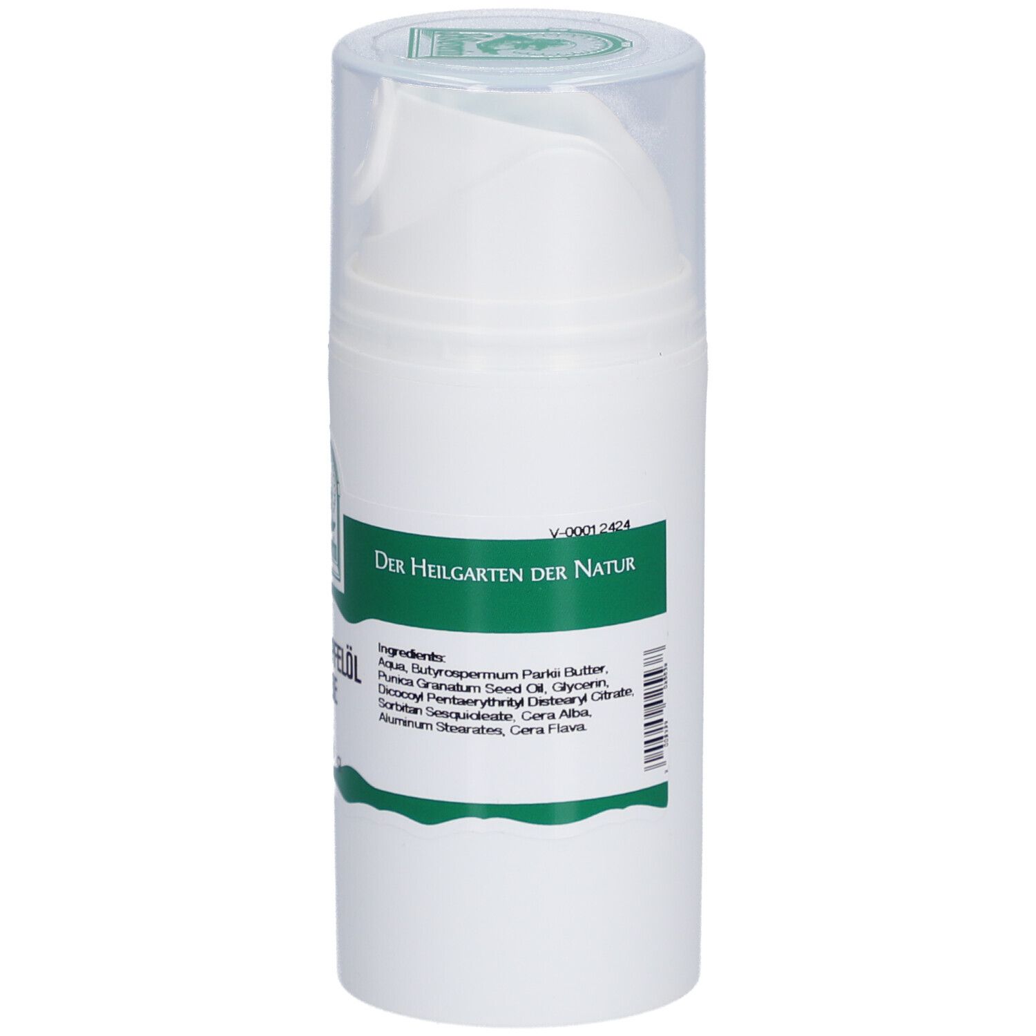 Weiße Spenderflasche mit grünem Etikett. Aufschrift: Granatapfelöl Salbe. Text: Inhaltsstoffe. Logo: Der Heilgarten der Natur.