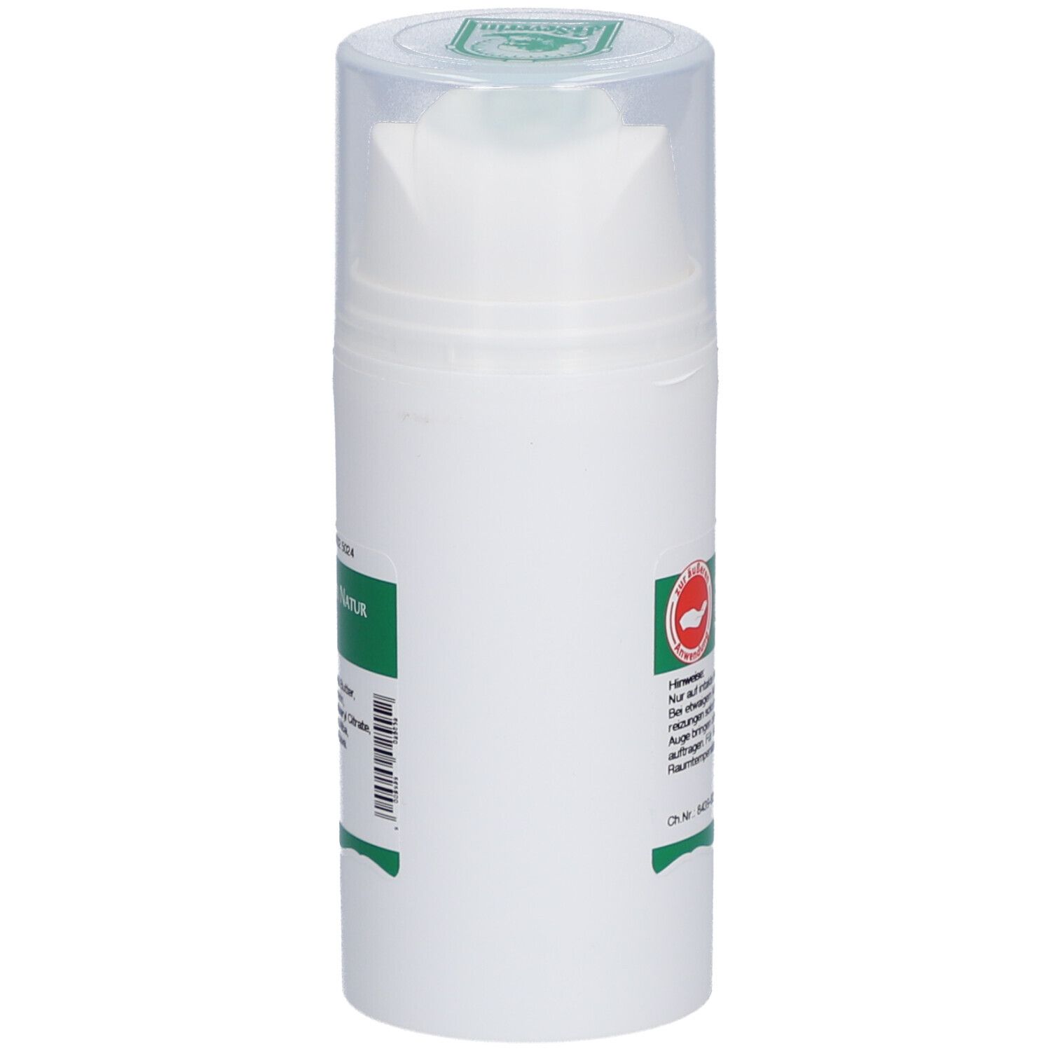 Weiße Pumpflasche mit grünem Etikett. Logo: St. Severin. Rückseite mit Text.