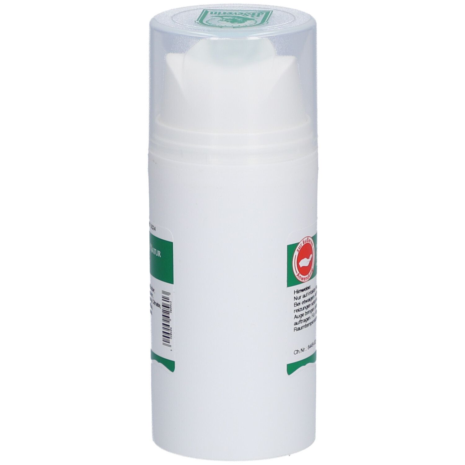 Weiße Pumpflasche mit transparentem Deckel. Rückseite mit Text und Logo. Logo: St. Severin.