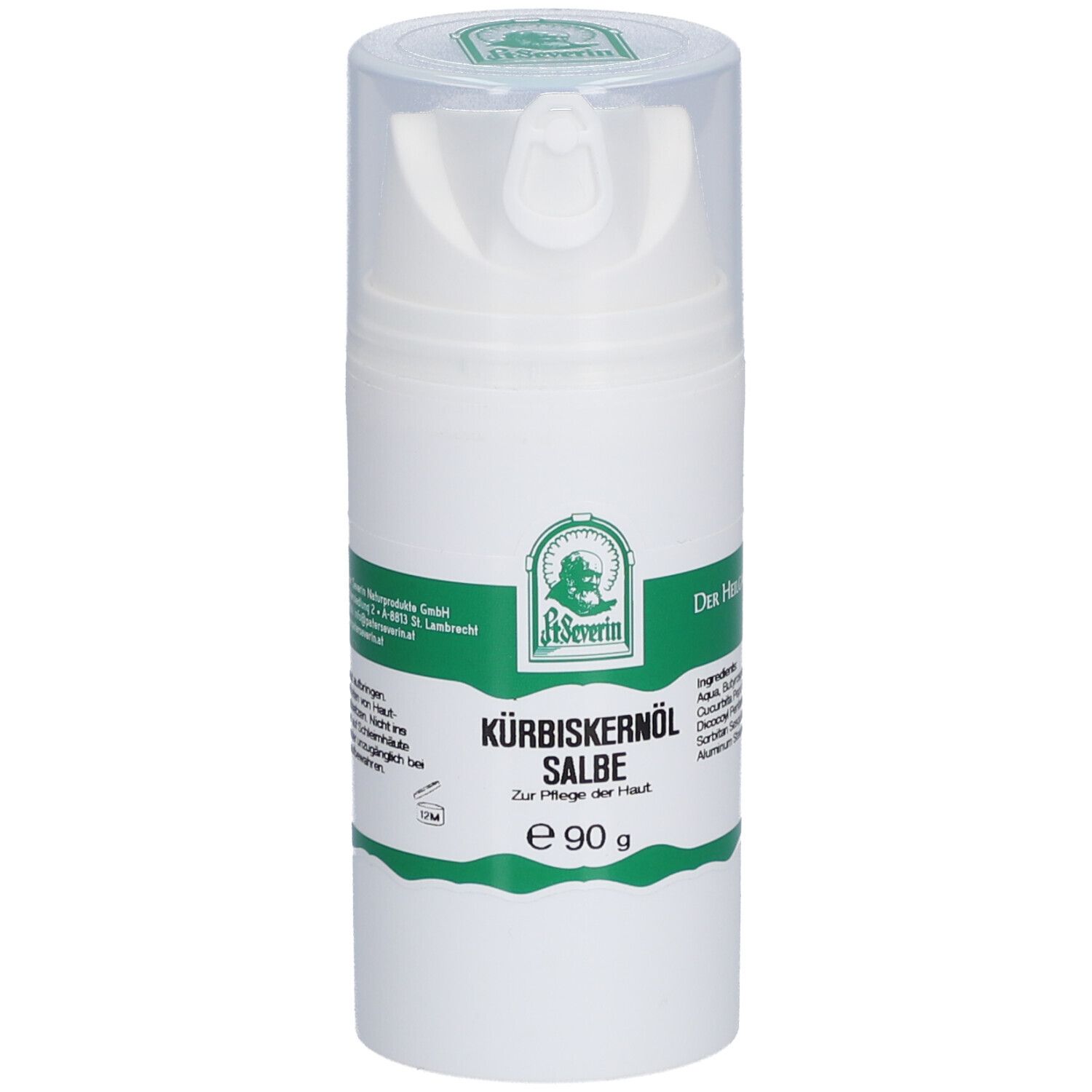 Weiße Pumpflasche mit transparentem Deckel. Beschriftung: Kürbiskernöl Salbe, e 90 g. Logo: St. Severin.