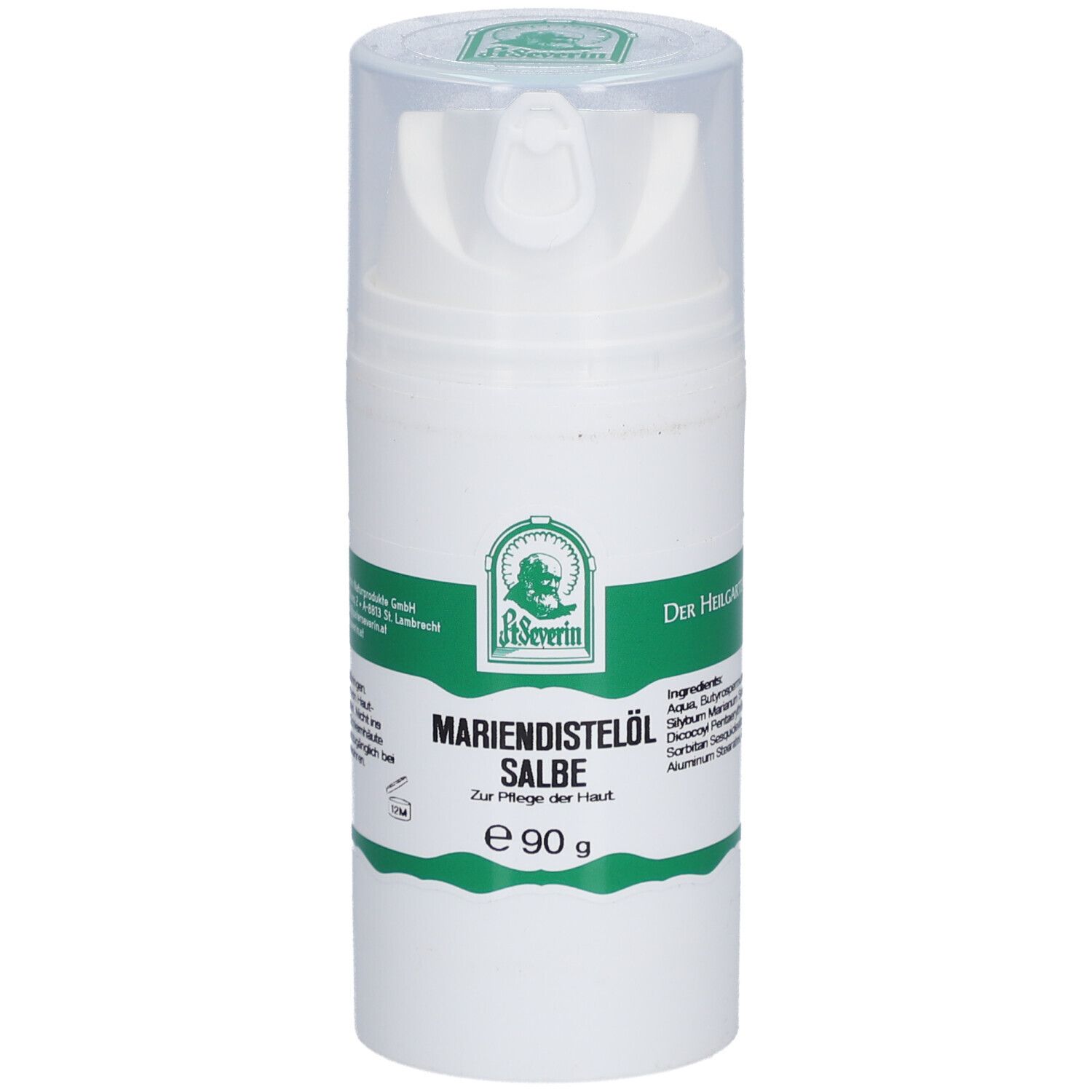 Weiße Flasche mit Mariendistelöl Salbe. Grünes Etikett mit Produktnamen, Logo und Inhaltsangaben. 90 g.