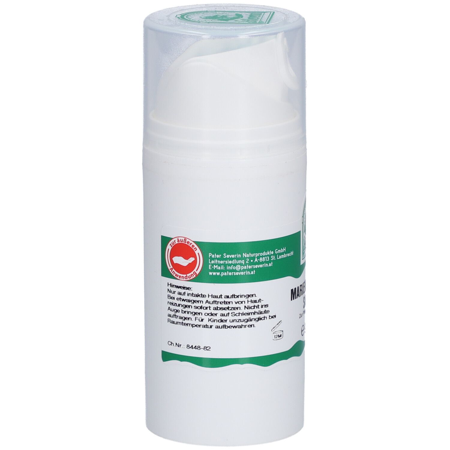 Weiße Flasche mit Mariendistelöl Salbe. Rückseite mit grünen Etiketten, Text und Logo. Informationen zur Anwendung.