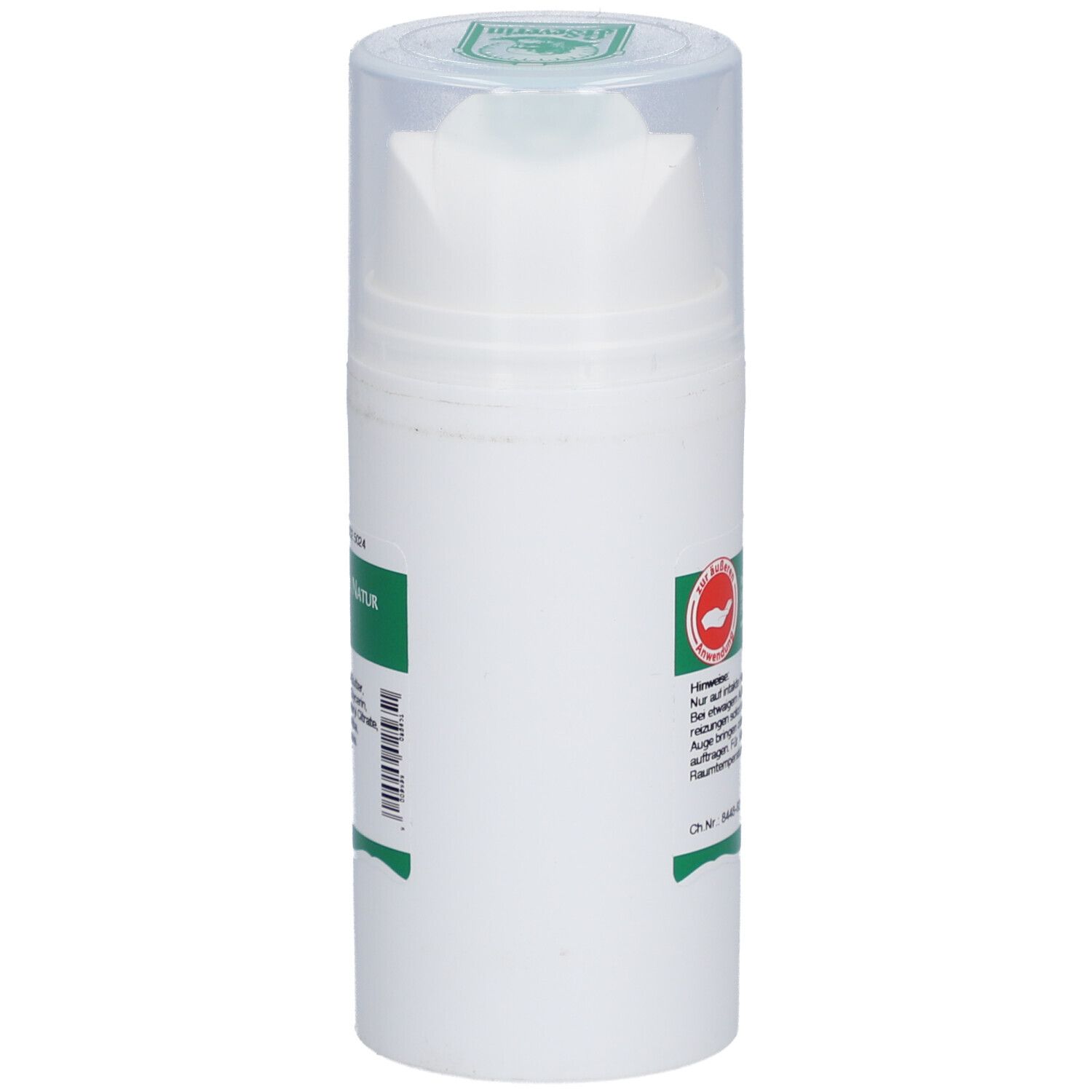 Weiße Flasche mit Mariendistelöl Salbe. Rückseite mit grünen Etiketten und Text. Informationen zur Anwendung.