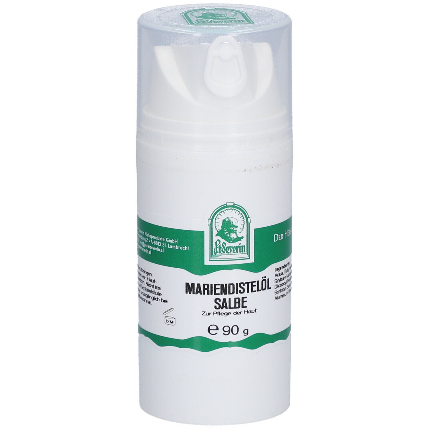 Weiße Flasche mit Mariendistelöl Salbe. Grünes Etikett mit Produktnamen, Logo und Inhaltsangaben. 90 g.