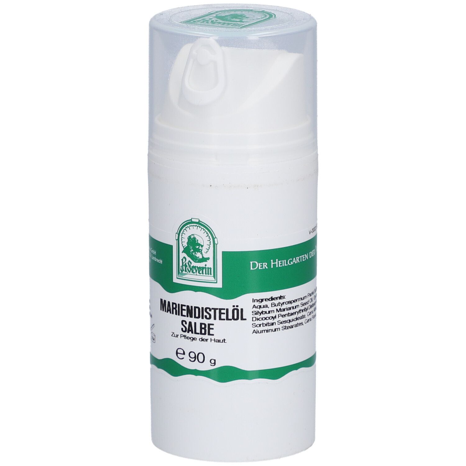Weiße Flasche mit Mariendistelöl Salbe. Grünes Etikett mit Produktnamen, Logo und Inhaltsangaben. 90 g.