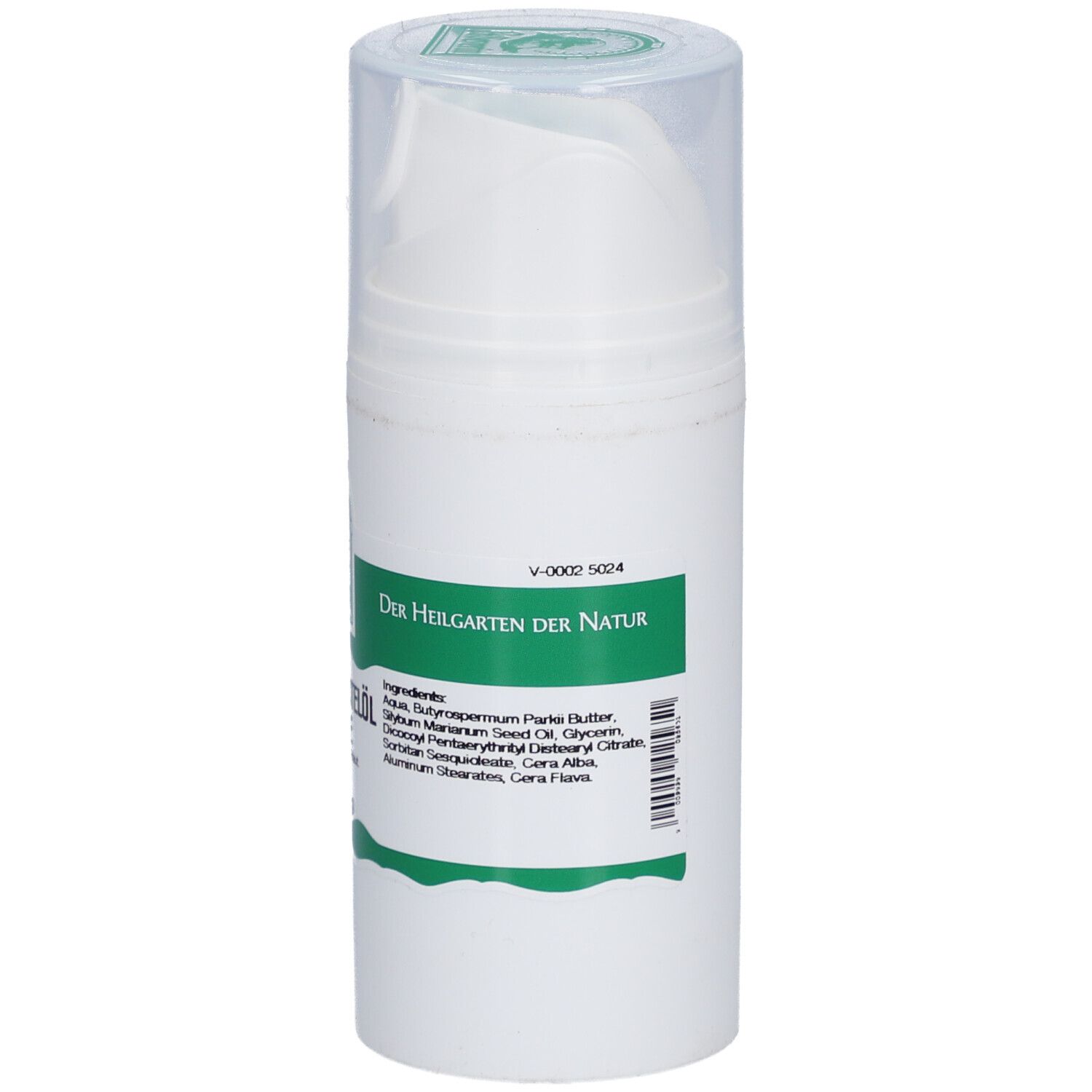 Weiße Flasche mit Mariendistelöl Salbe. Rückseite mit grünen Etiketten und Text. Inhaltsstoffe und Hersteller.