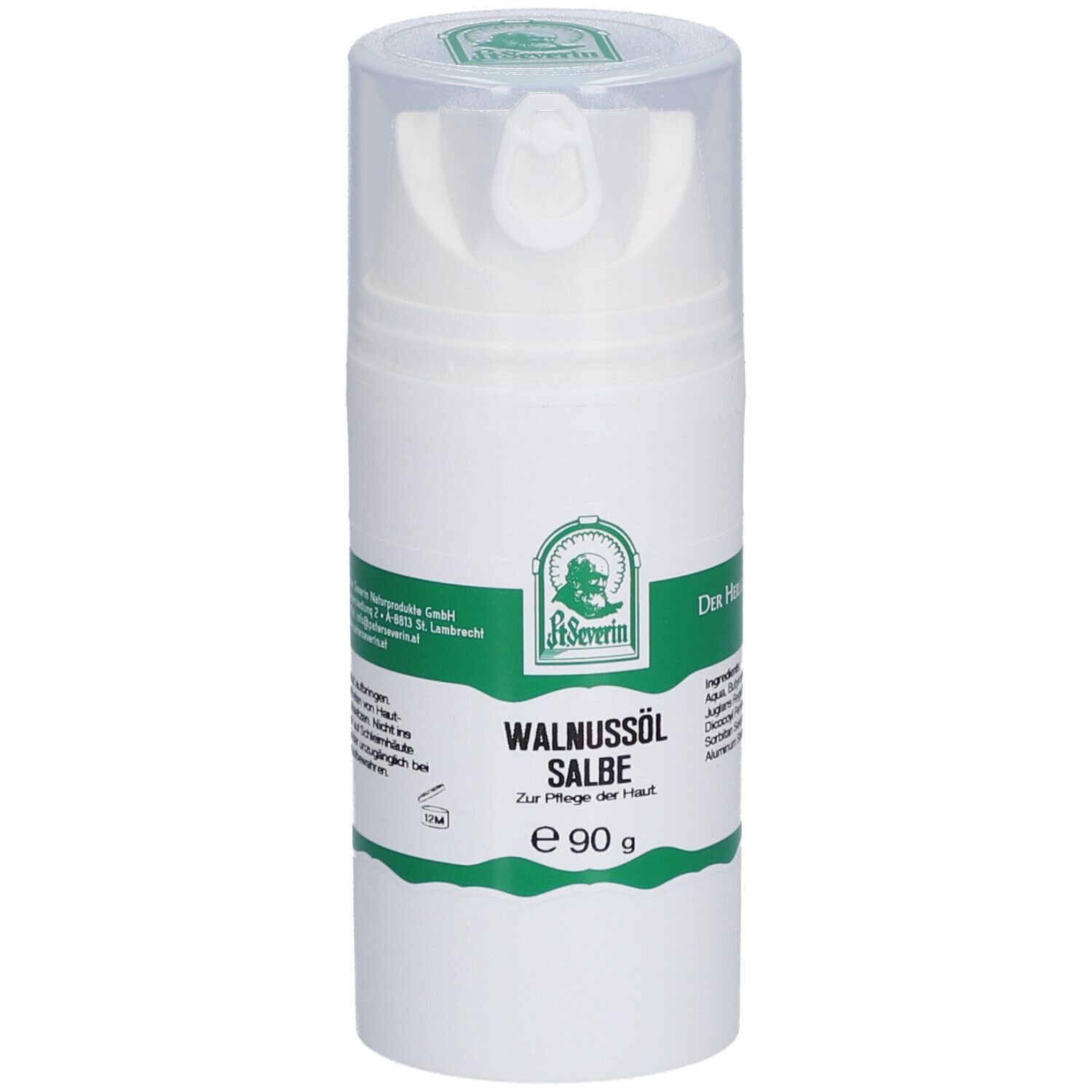 Weiße Salbenflasche mit transparentem Deckel. Aufschrift: Walnussöl Salbe, e 90 g. Logo: St. Severin.