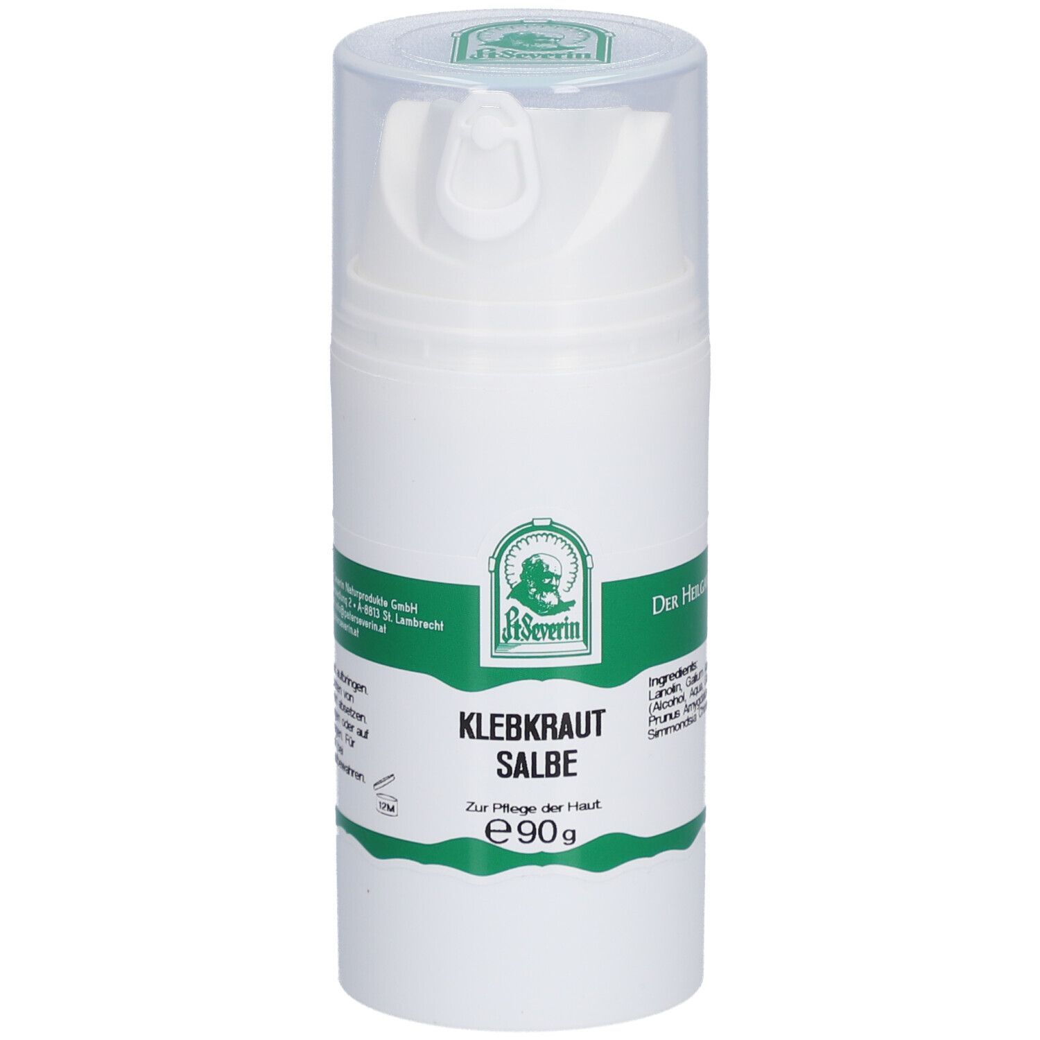 Weiße Pumpflasche mit grünem Etikett. Aufschrift: Klebkraut Salbe, E90g. Logo: St. Severin.