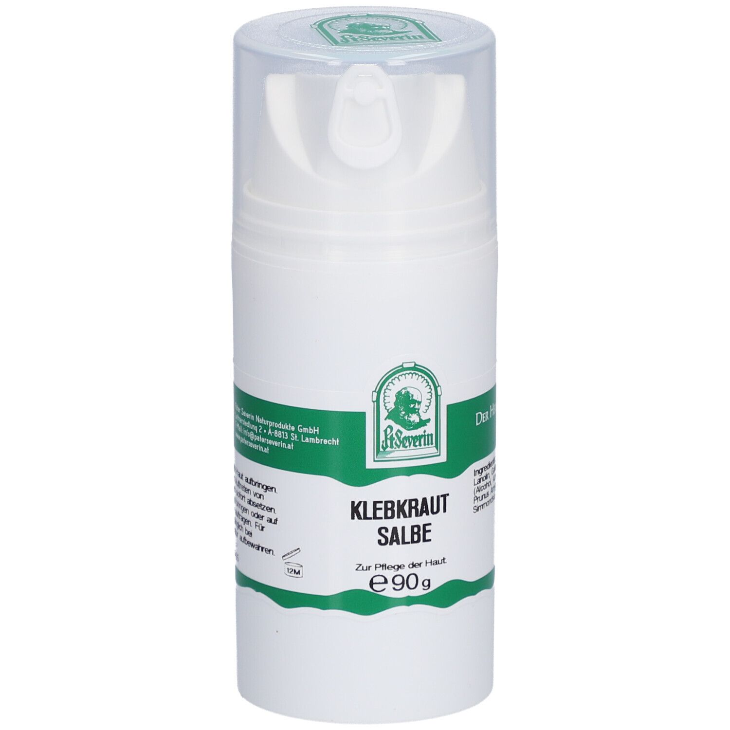 Weiße Pumpflasche mit grünem Etikett. Aufschrift: Klebkraut Salbe, E90g. Logo: St. Severin.