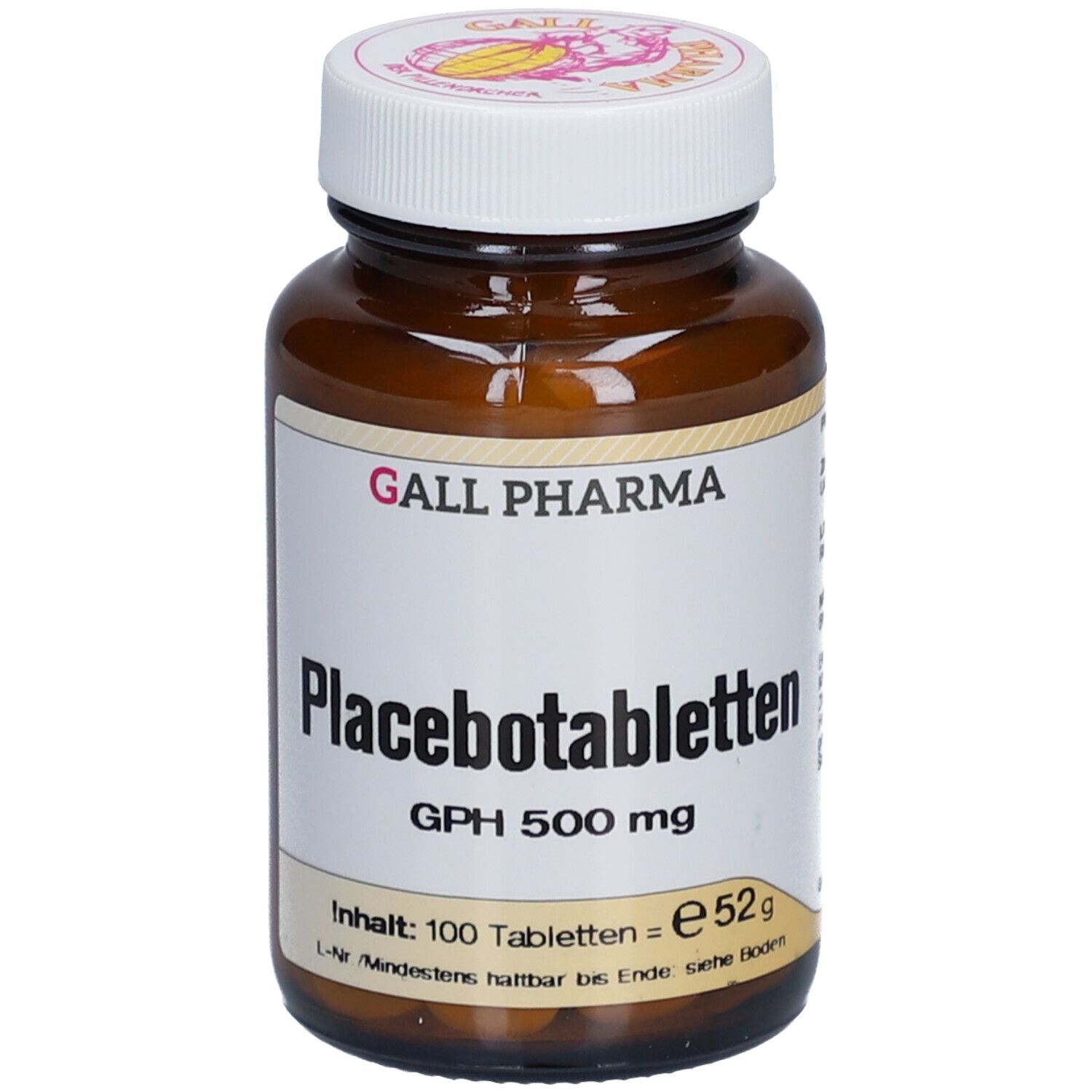 Braune Glasflasche mit weißen Etikett. Aufschrift: Placebotabletten GPH 500 mg. 100 Tabletten.