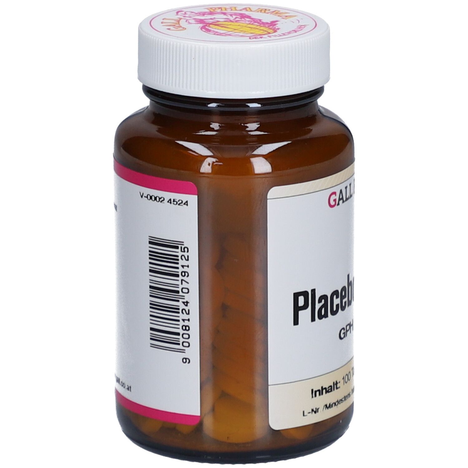 Braune Glasflasche mit weißem Etikett. Barcode und Aufschrift: Placebotabletten GPH 500 mg. 100 Tabletten.